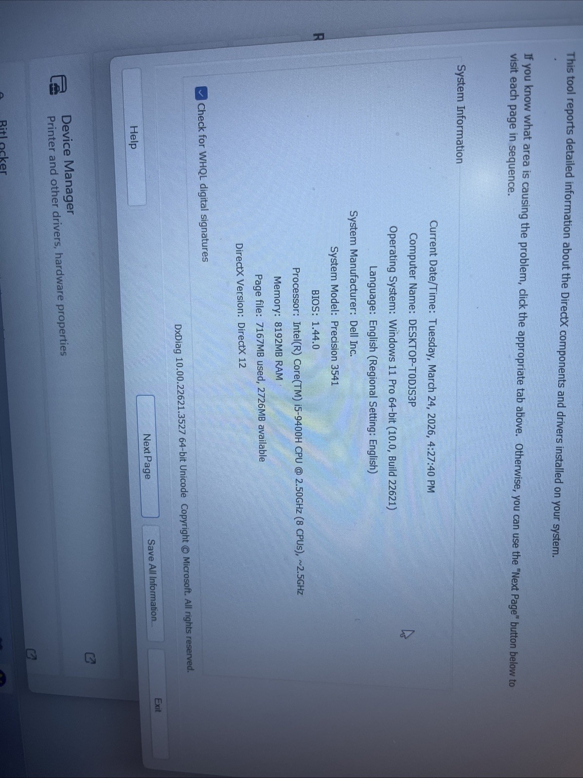Dell Precision 3541-i5-9400H@2.50GHz 8GB DDR4 Ram 256GB NVME SSD W11P (012)