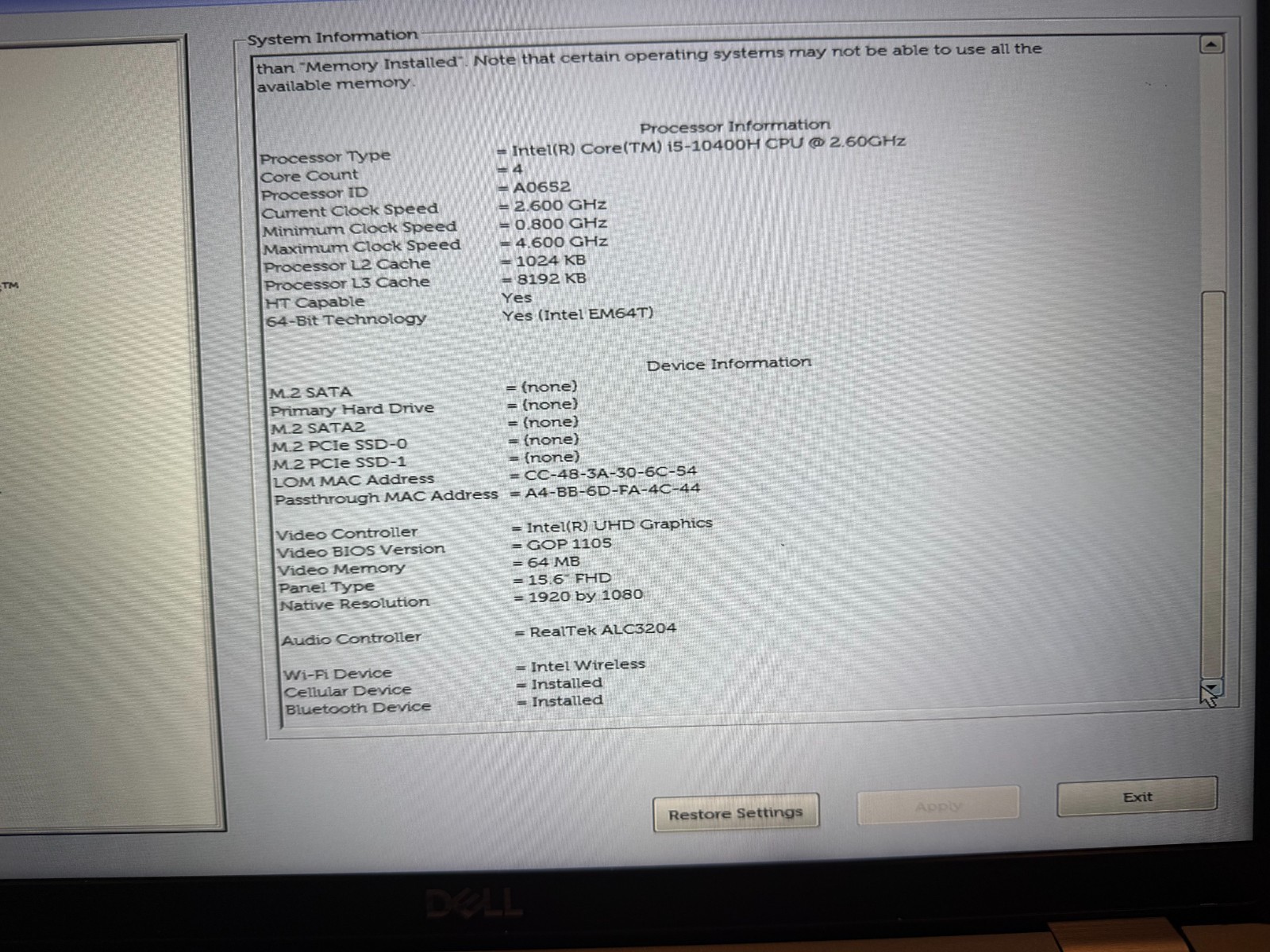 Dell Precision 3551 i5-10400H 2.60GHz (NO OS/8GB RAM/NO HDD/NO SSD)