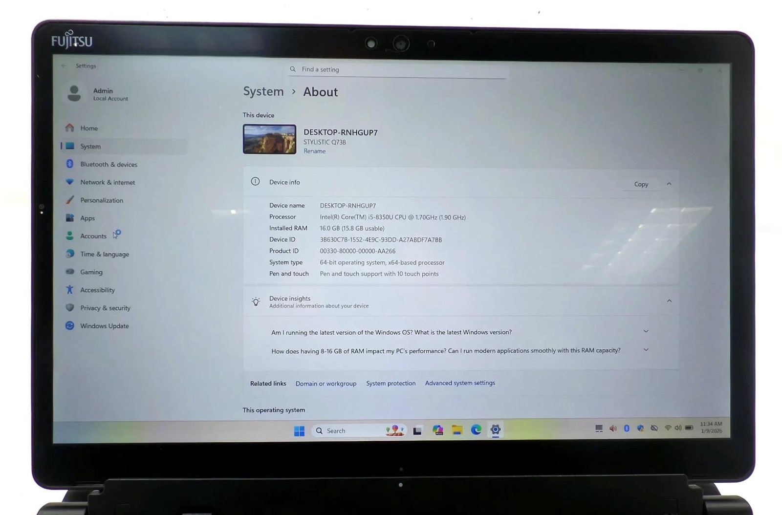 Fujitsu Stylistic Q738 Intel Core i5-8350U 1.7GHz 16GB 128GB SSD