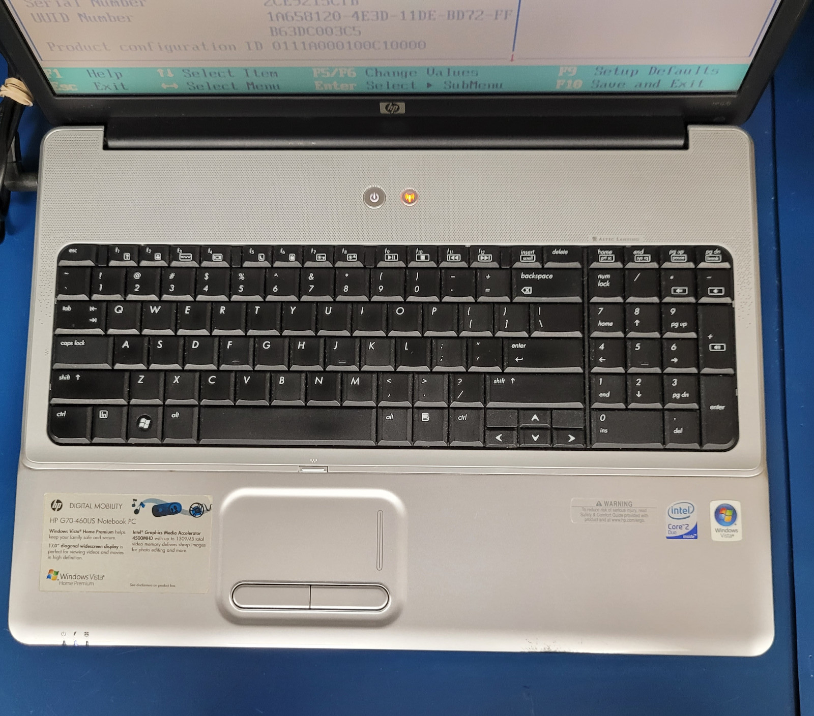 HP G70-460US 17″ Intel Core Duo T6500 2.10 GHz 3GB RAM No HDD No Charger