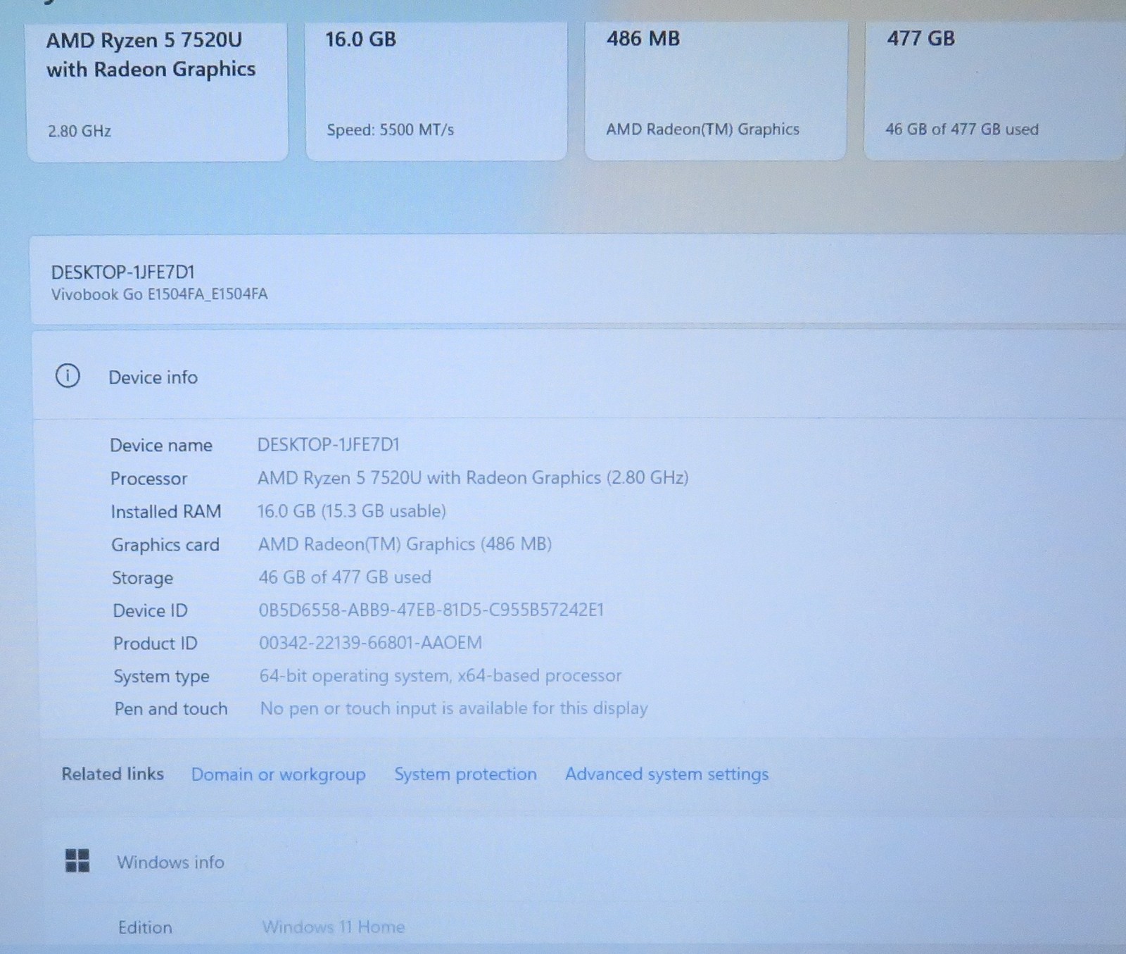 Asus Vivobook Go E1504F 15.6, Ryzen 5-7520U, 2.80GHz, 512GB SSD, 16GB RAM