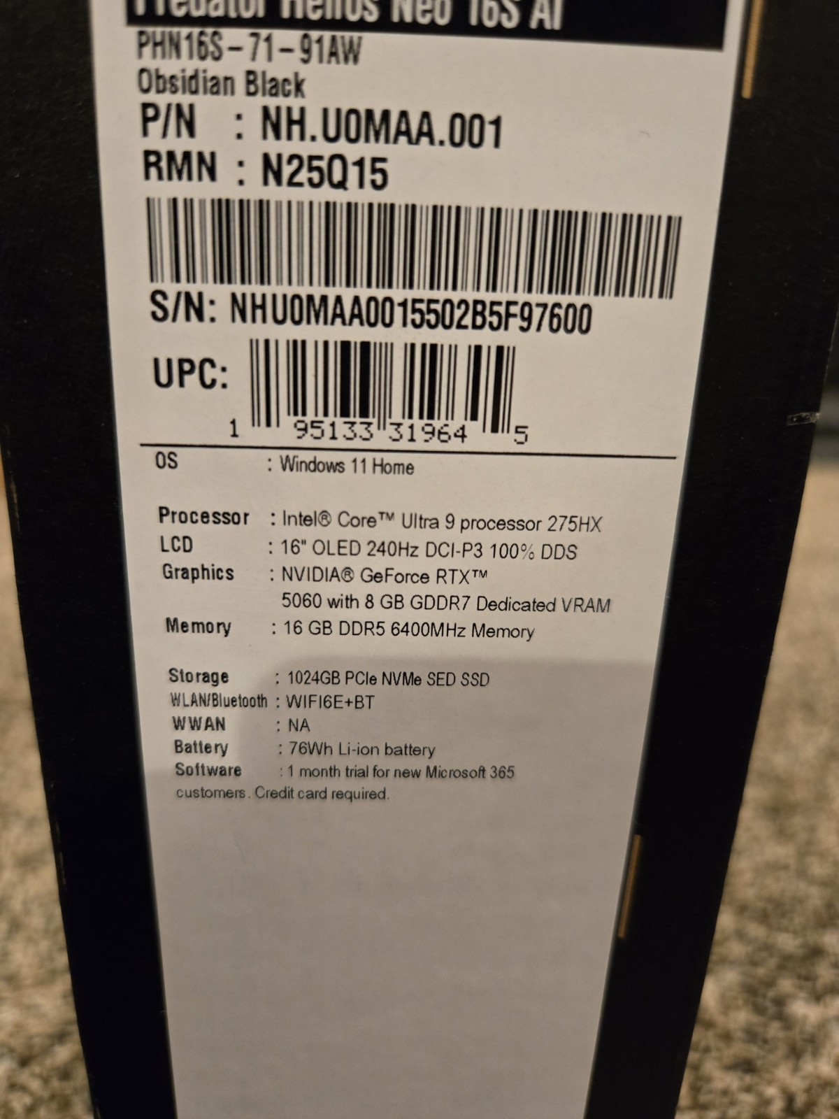 Acer Predator Helios Neo 16S 16″ Ultra 9 275HX 16GB 1TB RTX 5060 Win11 AI PC
