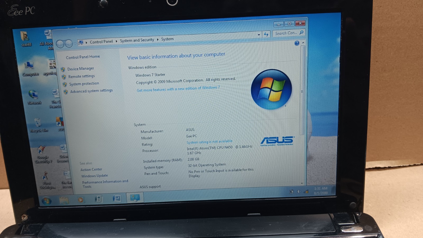 ASUS Eee PC 1001P 10.1″ Mini Netbook Atom N450 2GB 160 GB HD Windows 7 Starter