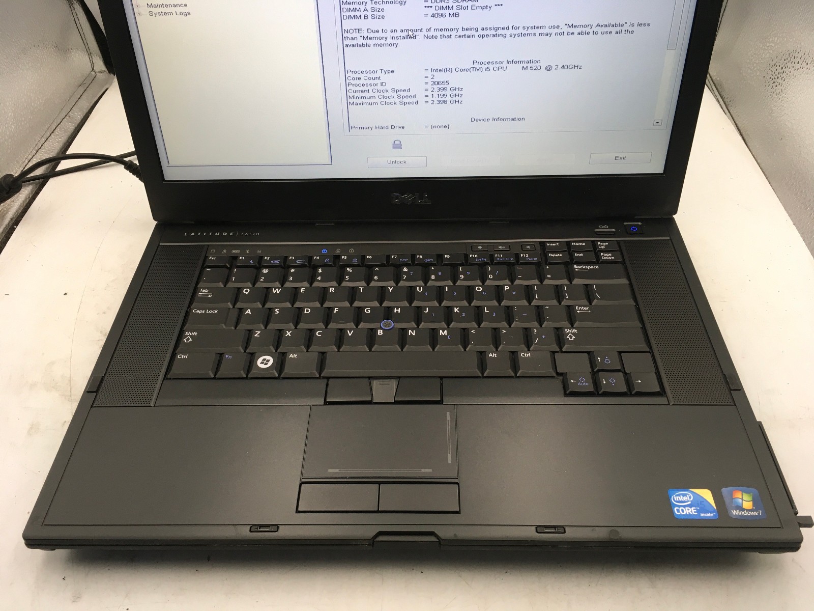 DELL LATITUDE E6510 – BOOTS TO BIOS/LOCKED – INTEL I5 M520 – NO RAM – READ – BB!
