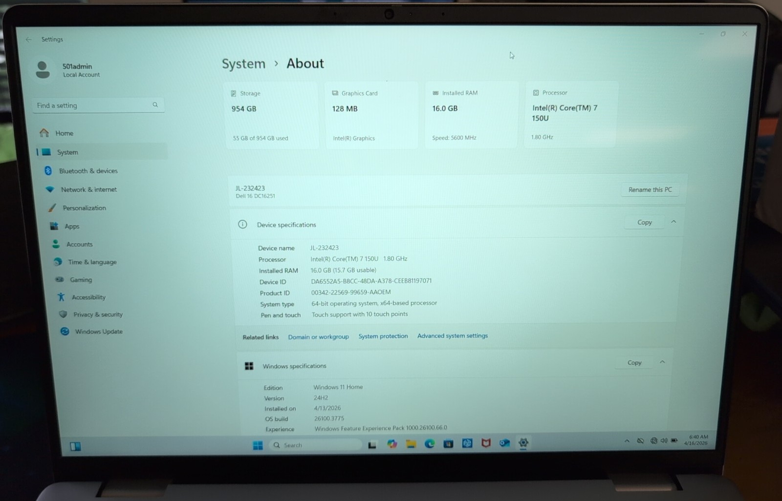 OPEN BOX Dell 16 DC16251 (i7-150U, 1TB SSD, 16GB RAM) Windows 11 Home