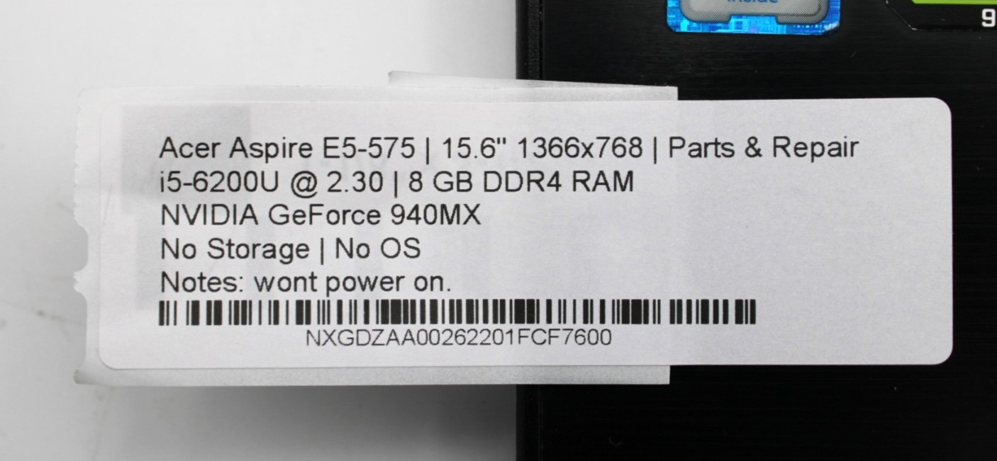 Acer Aspire E5-575 i5-6200U@2.3GHz 8GB DDR4 NO STORAGE OR OS *PARTS/REPAIR*