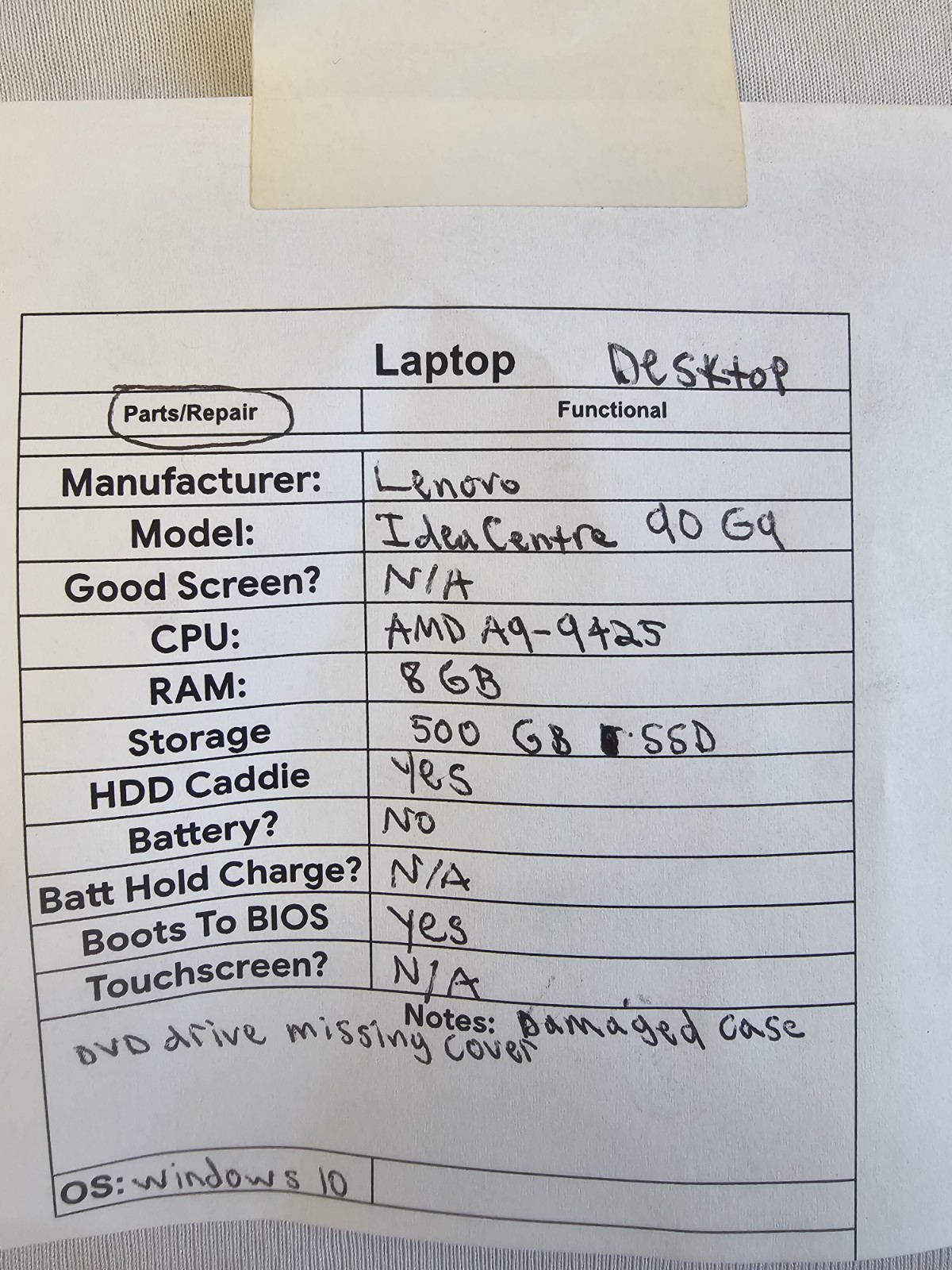 Lenovo IdeaCentre 90G9 Desktop – AMD A9-9425 – 8GB RAM – 500GB SSD – Win 10 READ