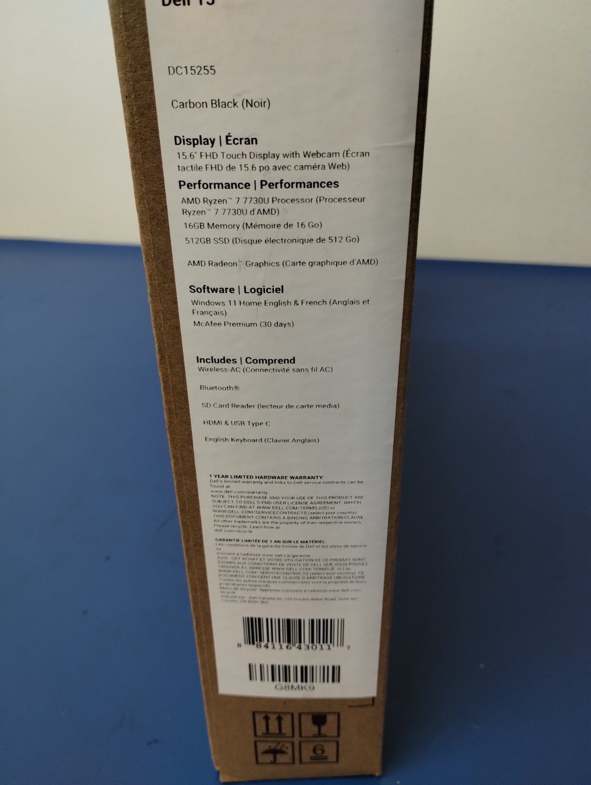 DELL 15 DC15255 G8MK9, AMD Ryzen 7 7730U, 2.00 GHz, 16 GB RAM, 512 GB NVMe SSD