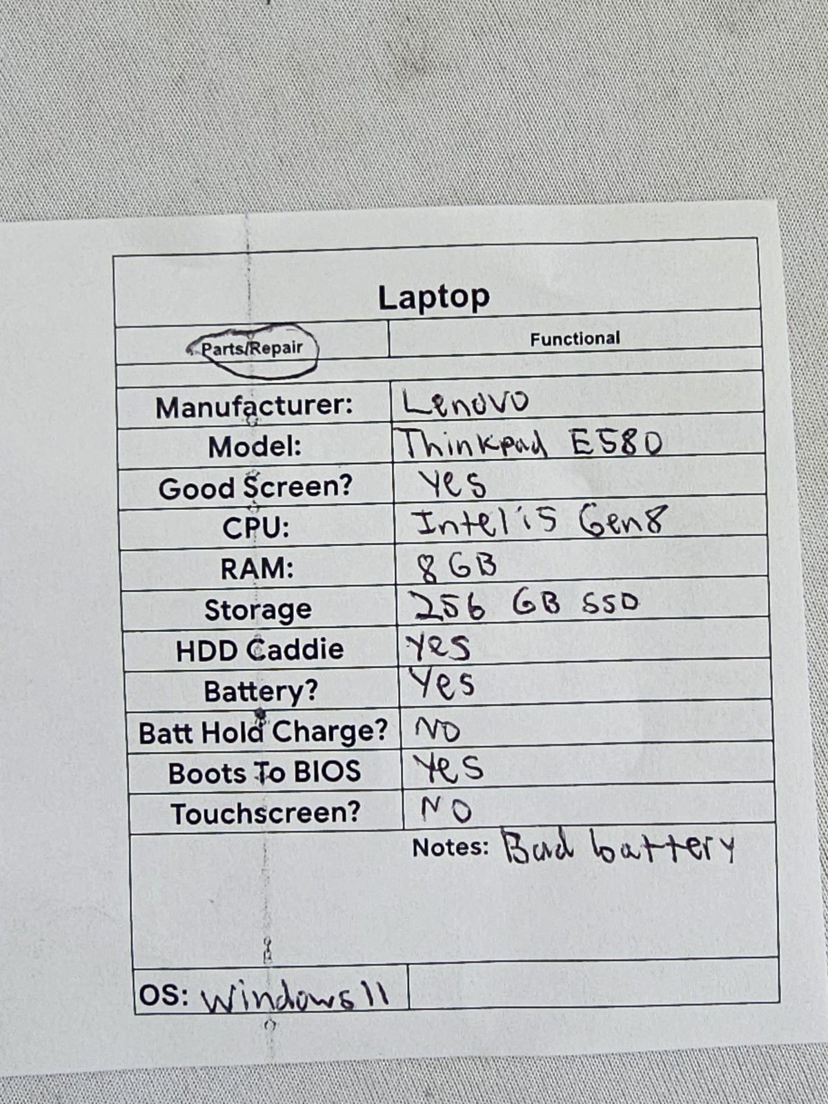 Lenovo ThinkPad E580 Laptop – Intel i5 Gen 8 – 8GB RAM 256GB SSD BAD BATT Win 11