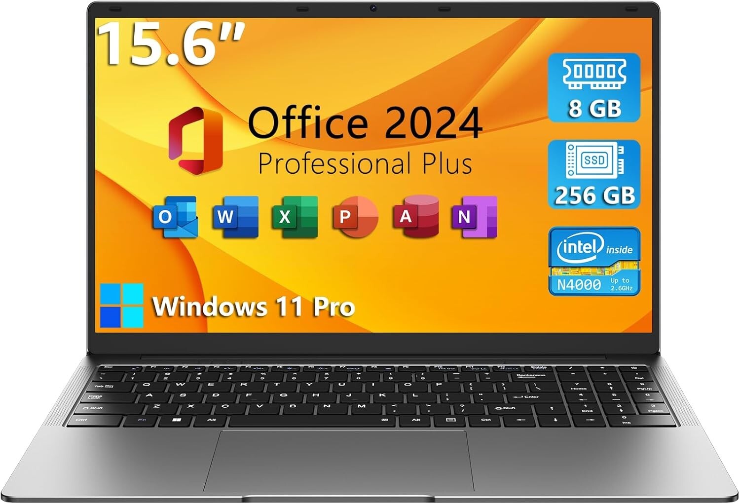 TPV 15.6″ Silver / Intel N4000, Win 11 Pro Laptop, MS Office 2024, 8GB RAM 256GB