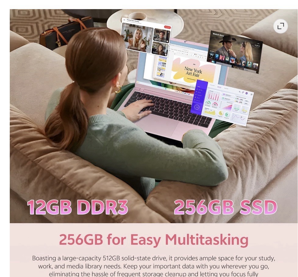 Intel 15.6″ Pink Laptop Win 11 Celeron 6500Y 12GB RAM 256GB SSD FHD