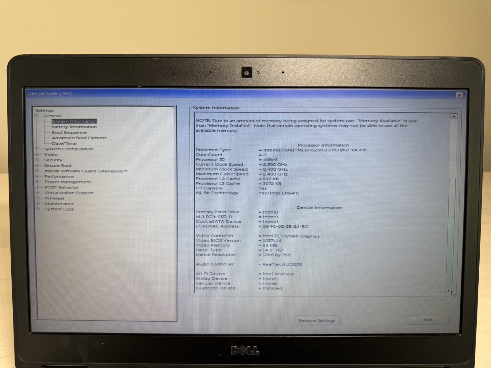 Dell Latitude E7470 Laptop Intel Core i5 6th Gen No HD/OS/AC Adapter