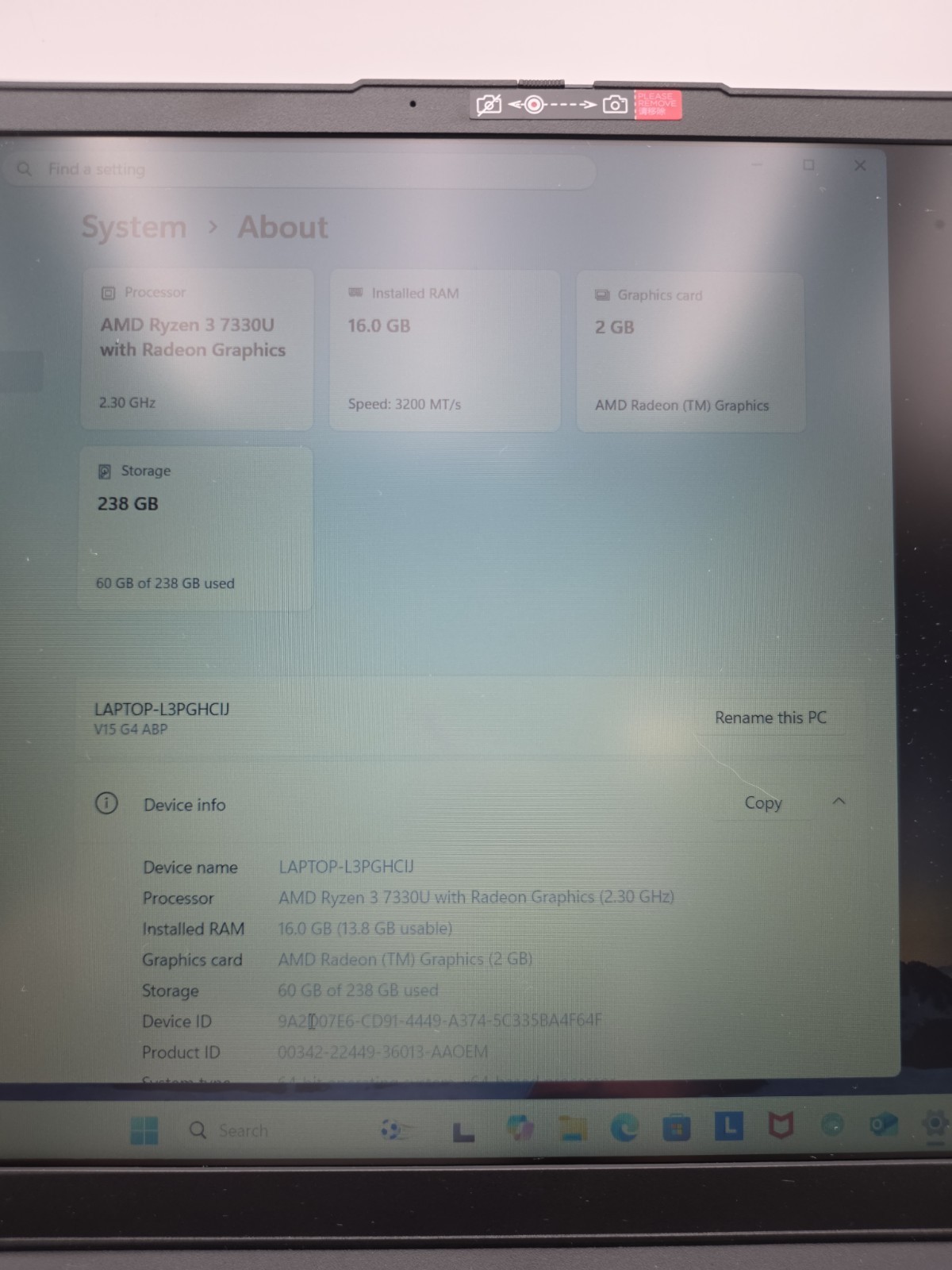 Lenovo V15 G4 ABP, Ryzen 3 7330U, 256GB, Black, No Charger