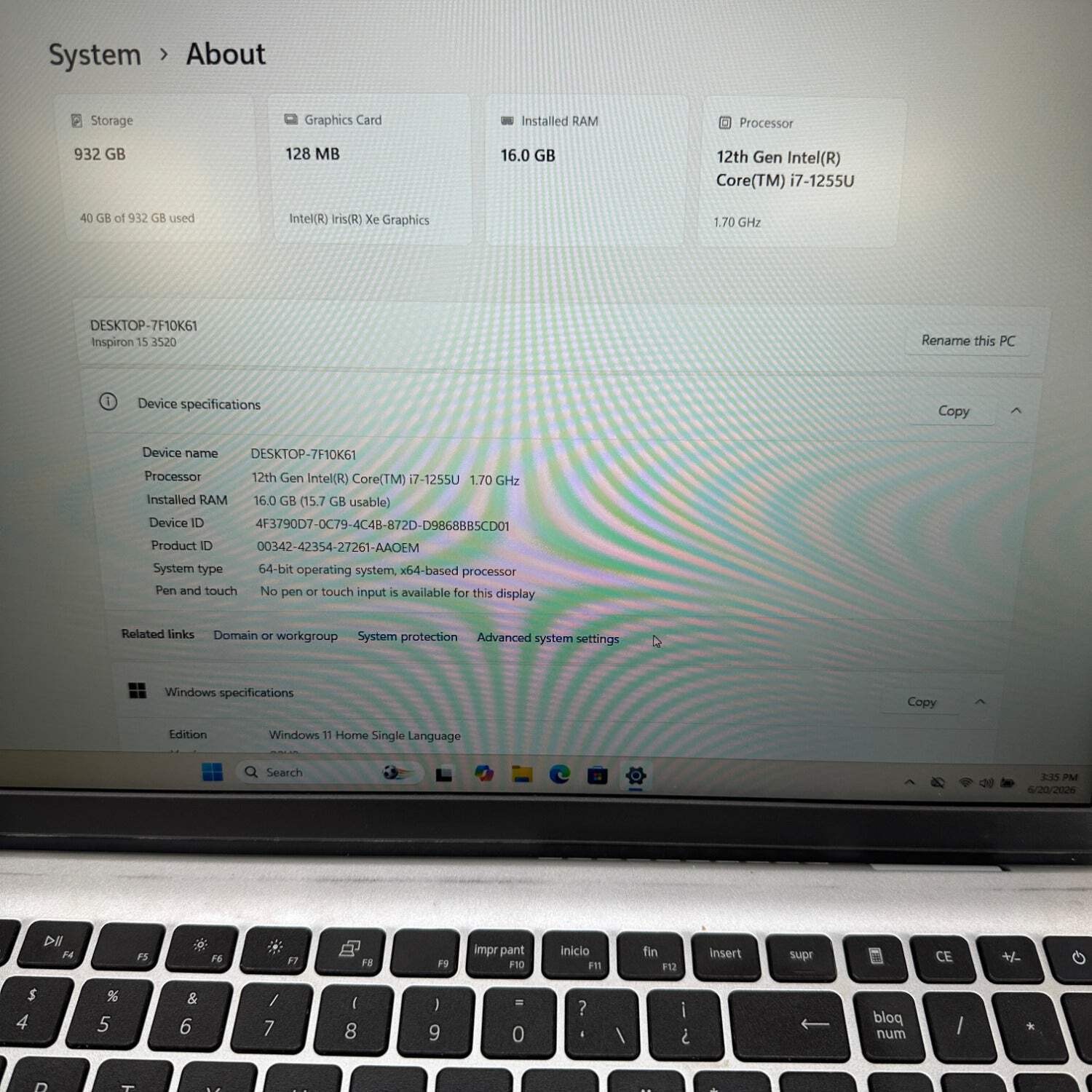 Dell Inspiron 3520 15.6″ i7-1255U 1.7GHz 16GB RAM 1TB SSD