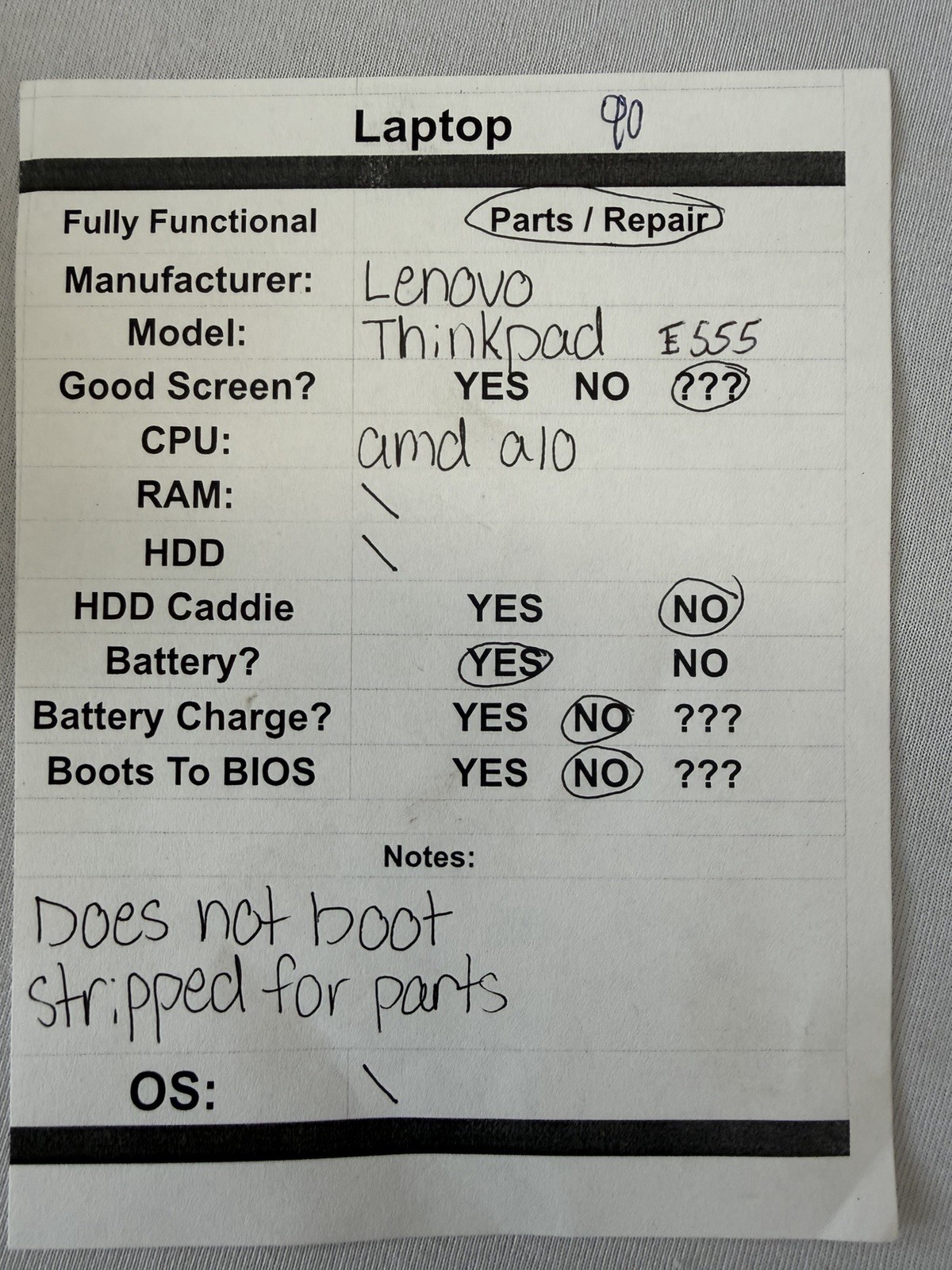 Lenovo Thinkpad E555 Laptop – AMD A10 – Unknown if Screen is Good – Read Des