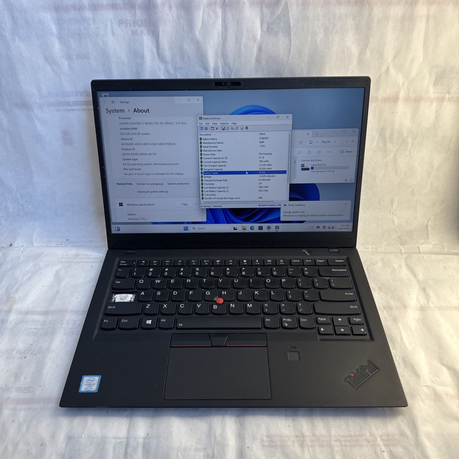 Lenovo ThinkPad x1 Carbon 6th Gen Intel i7-8650U | 16GB RAM | 512GB SSD | Win 11