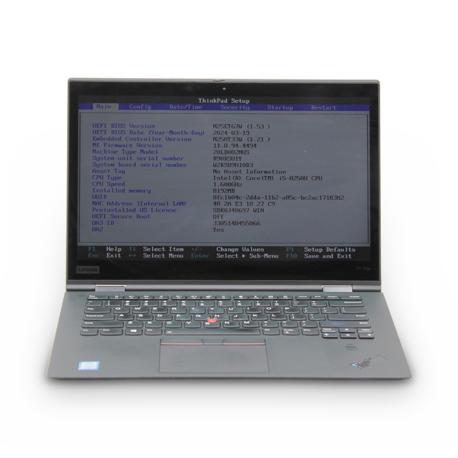 Lenovo ThinkPad X1 Yoga 3rd Gen 14in i5-8250U 8GB No OS, Drive, Power Cord