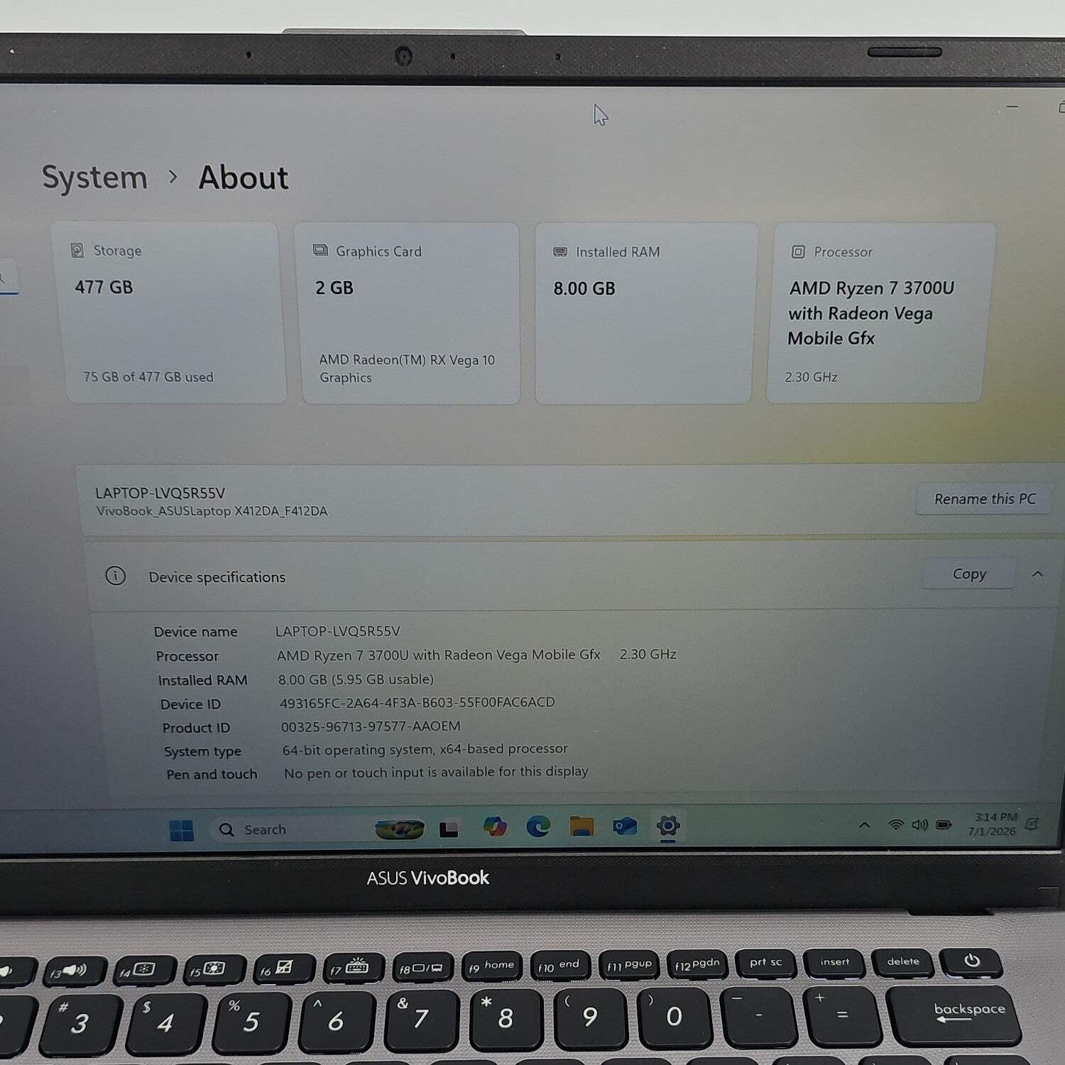 Asus Vivobook 14 F412D 14″ Ryzen 7 3700U 2.3GHz 8GB RAM 512GB SSD