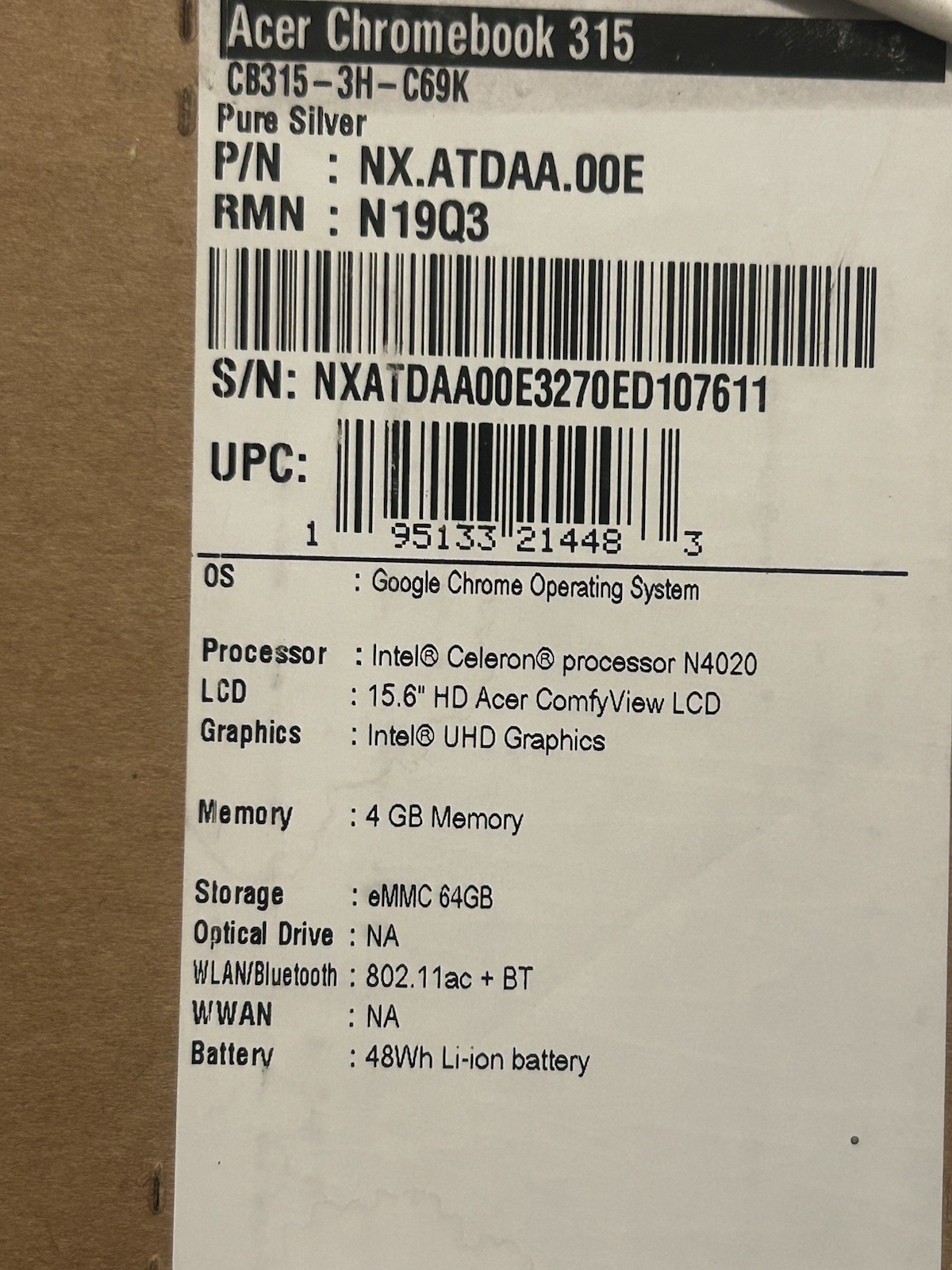 Acer Chromebook 315 15.6″(64GB, Intel Celeron N4020,1.1 GHz, 4GB RAM)Brand New!
