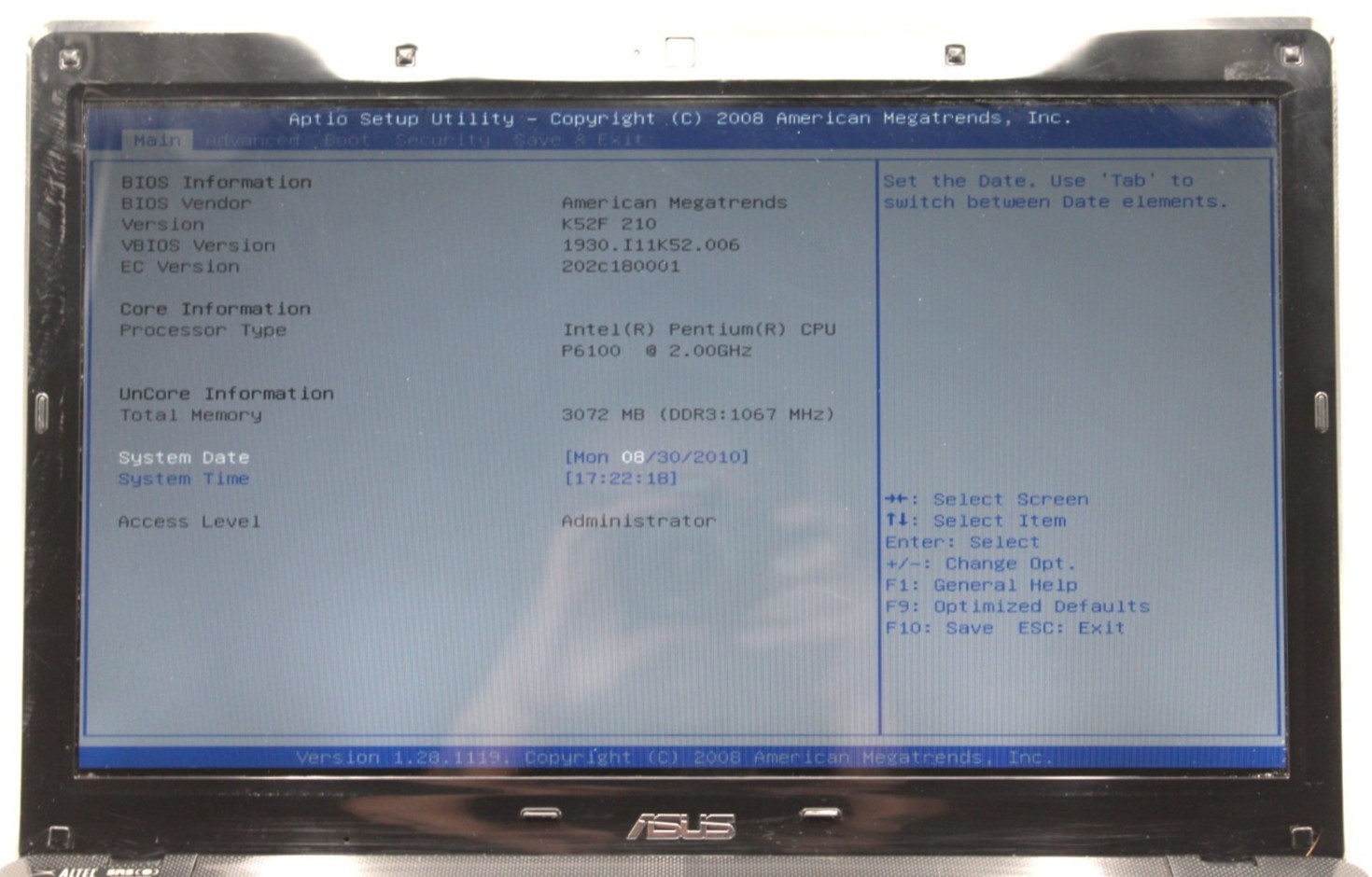 ASUS K52F Pentium-P6100@2.00GHz 3GB DDR3 NO STORAGE OR OS *USED/TESTED*