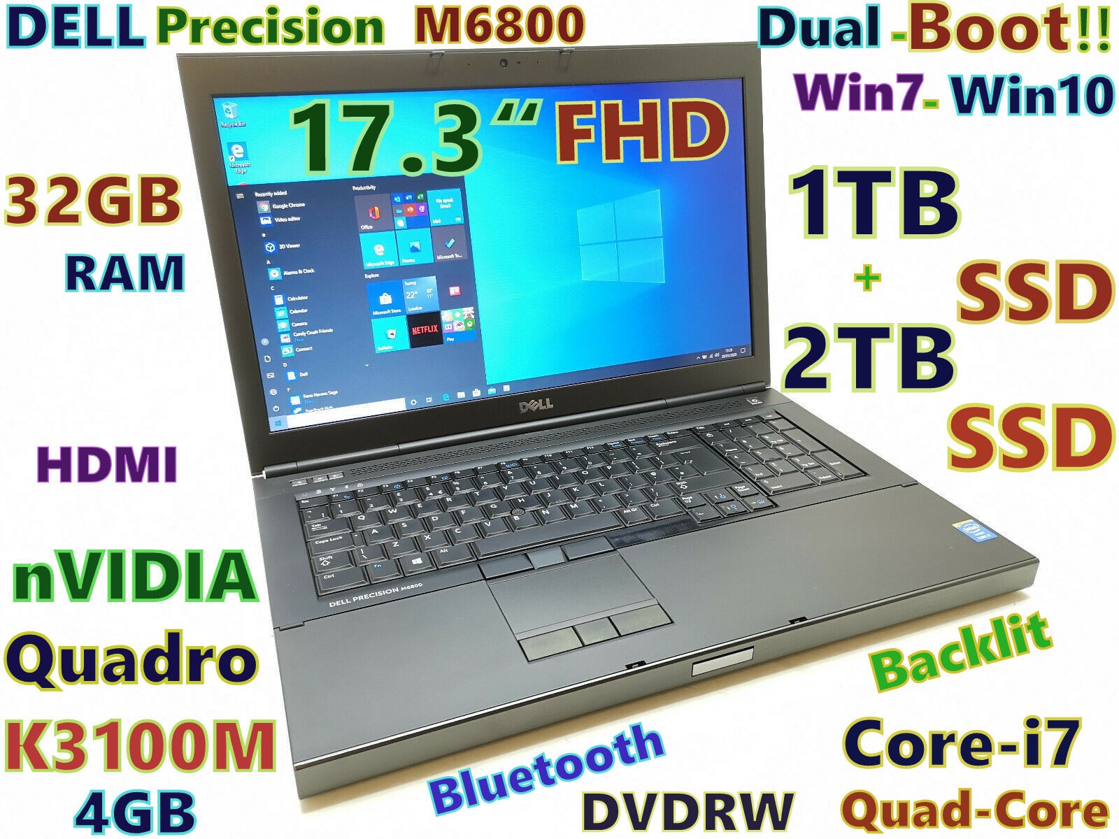 DUAL-BOOT Workstation 17.3″ DELL M6800 i7-QUAD 3TB SSD DVDRW 32GB NVIDIA (4GB)
