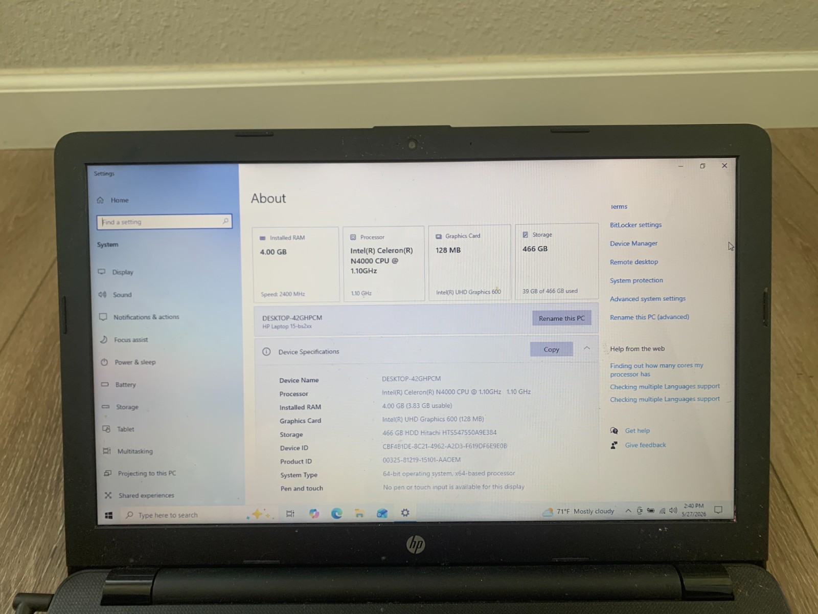 HP 15-bs212wm 15.6″ Intel Celeron N4000 1.10GHz 4GB RAM 500GB HDD Win 10 Home