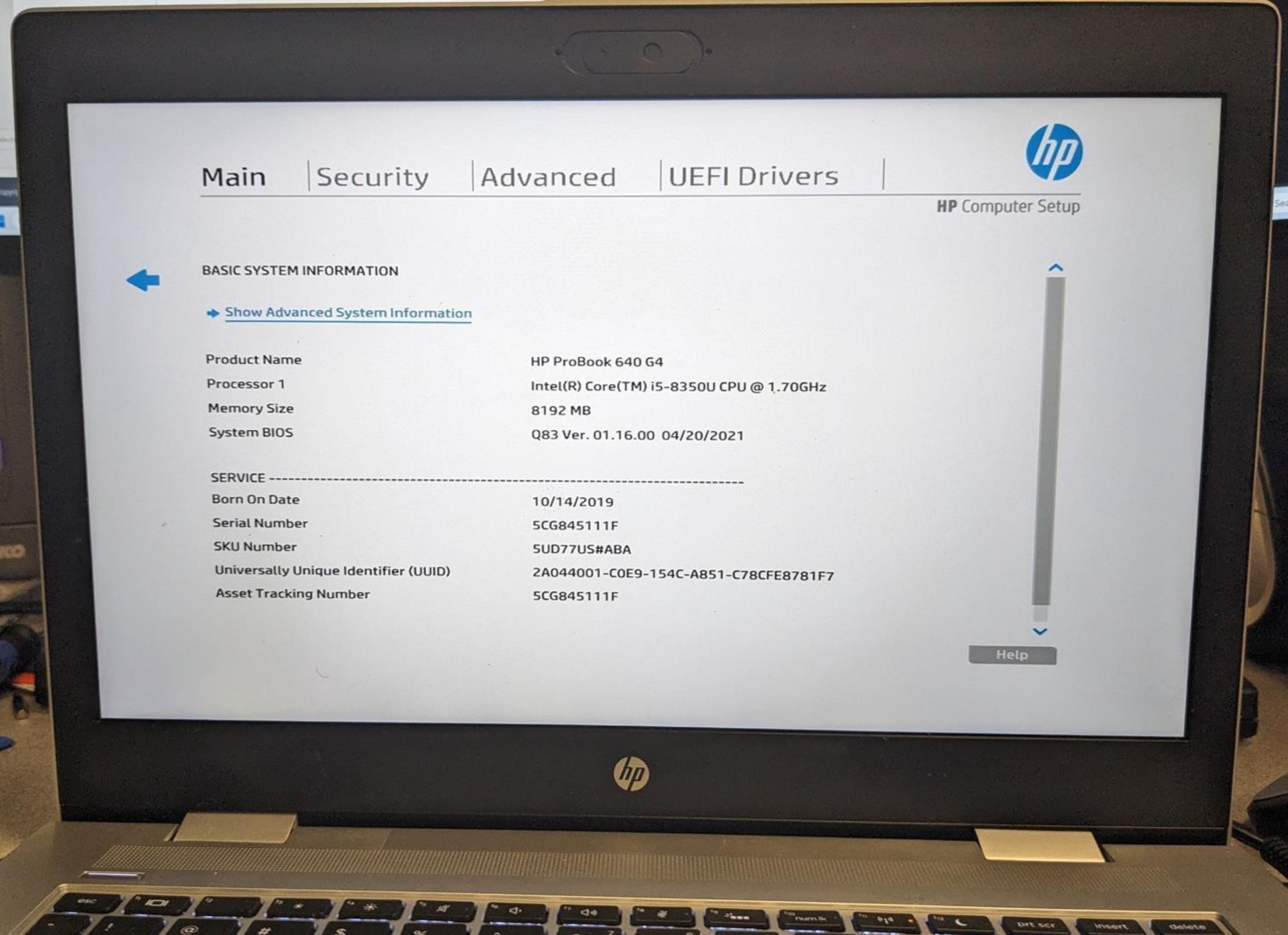 HP PROBOOK 640 G4 i5-8350U @ 1.7GHz, 8GB RAM, NO HDD/OS