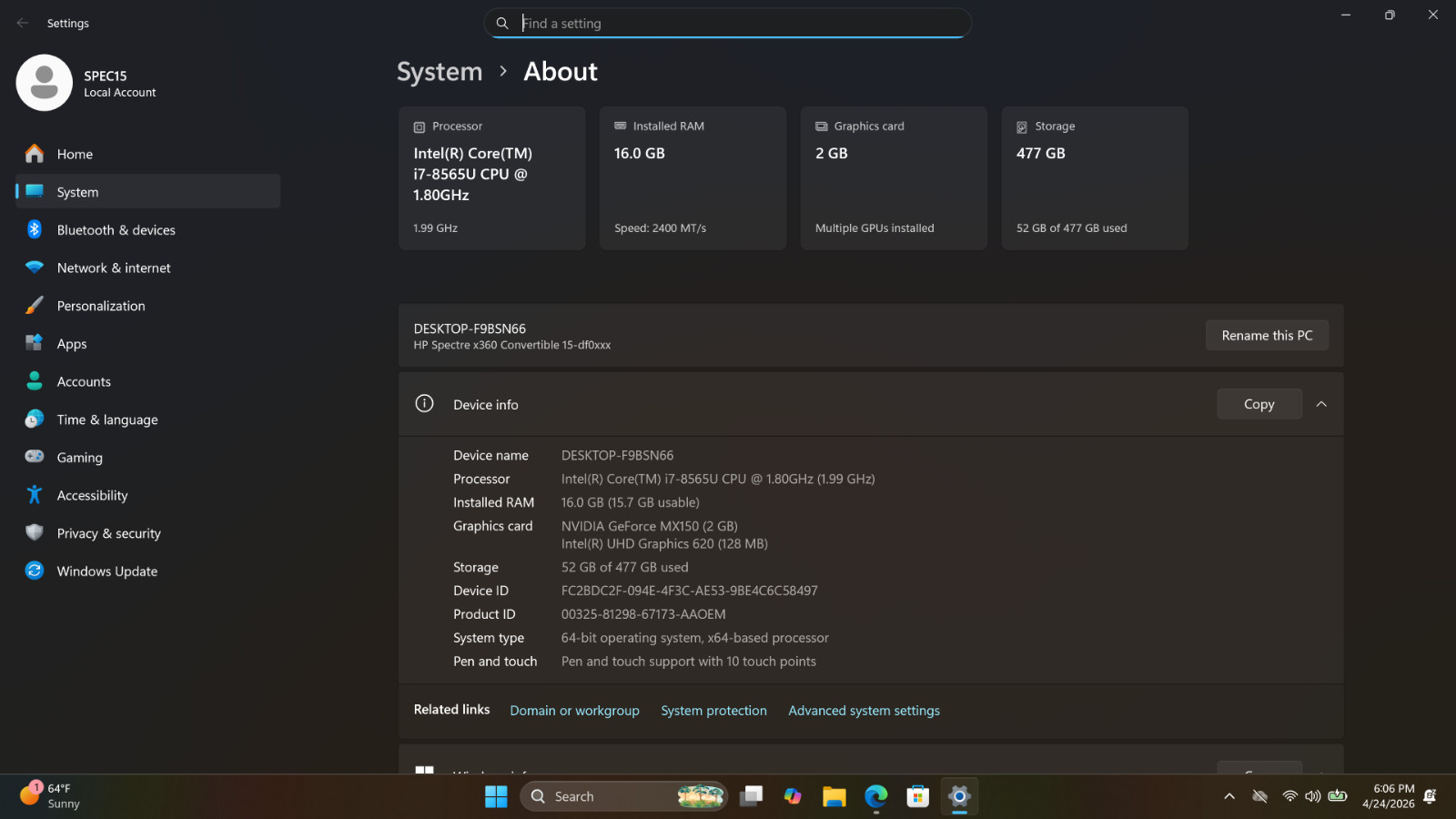 HP Spectre X360 15.6″ – 512GB SSD, i7 8th Gen. 16GB, 2-in-1 TOUCH + Charger, W11