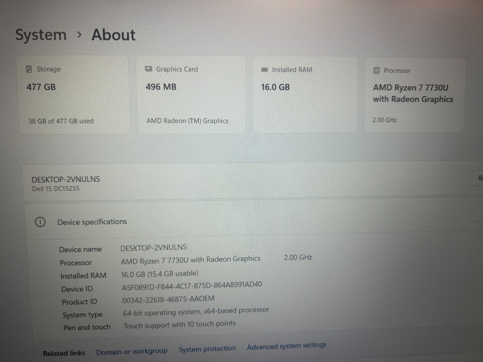 DELL 15 DC15255 G8MK9, AMD Ryzen 7 7730U, 2.00 GHz, 16 GB RAM 512, GB NVMe