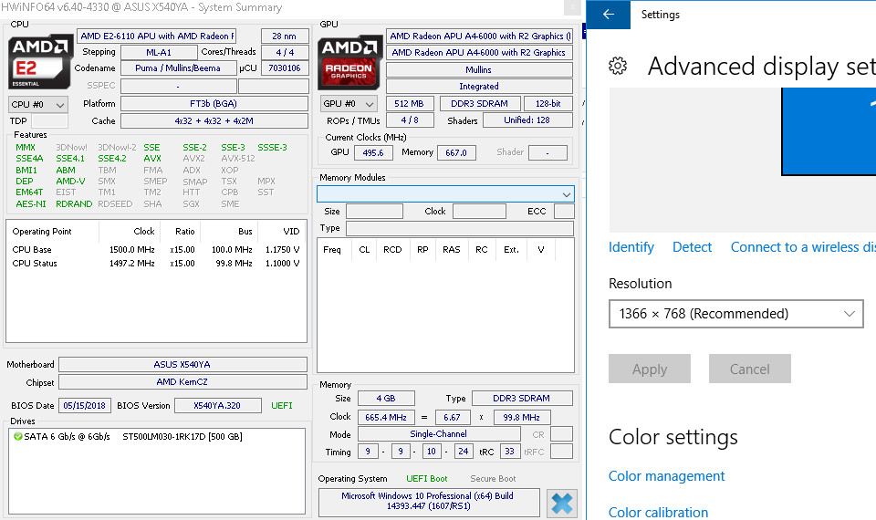 Asus X540L laptop, AMD, 4 gb ram, 500 gb HDD.