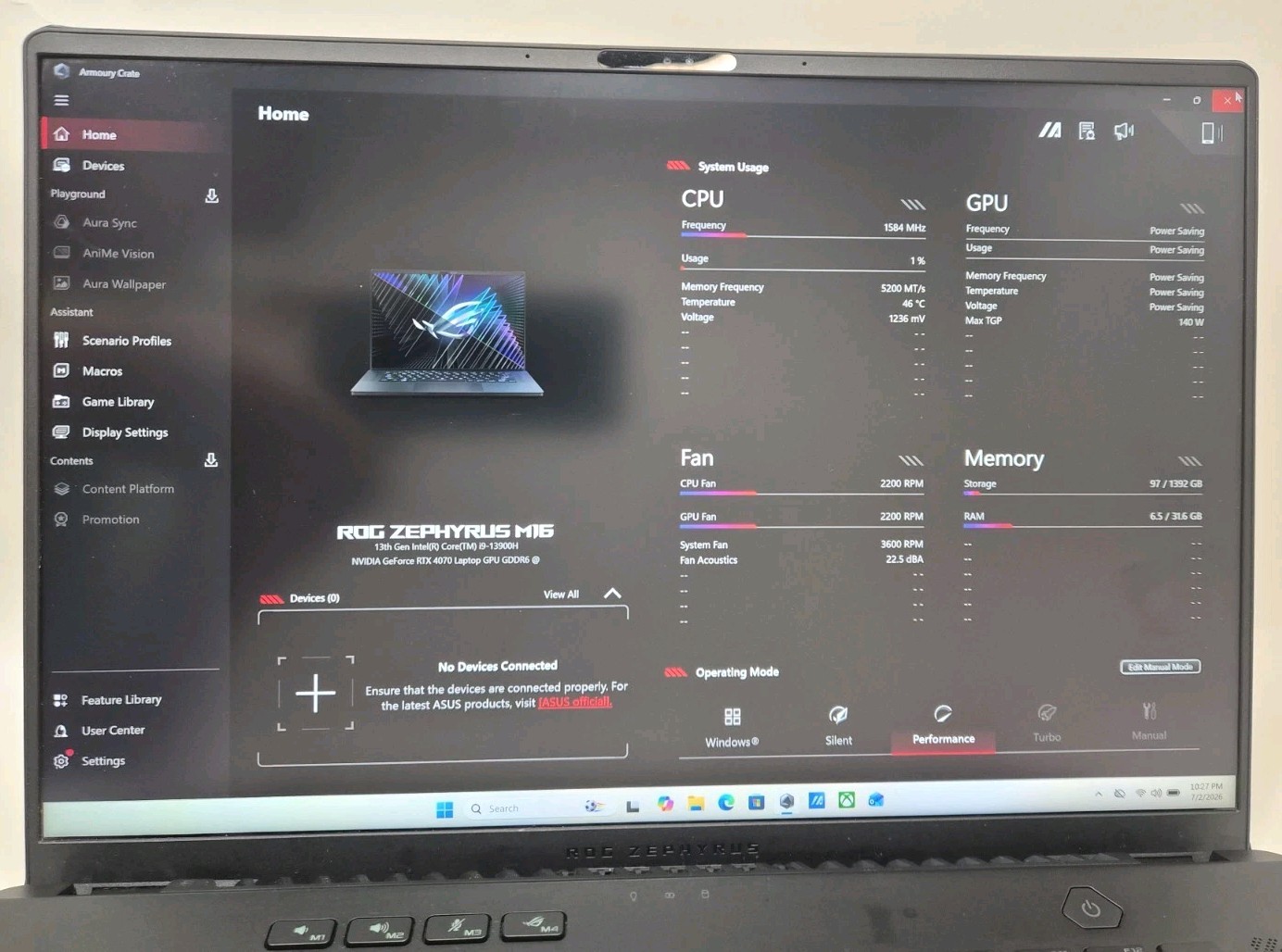 ASUS ROG M16 16″ i9-13900H 14C, 32GB, 1.5 TB SSD, RTX 4070, WQXGA 240HZ