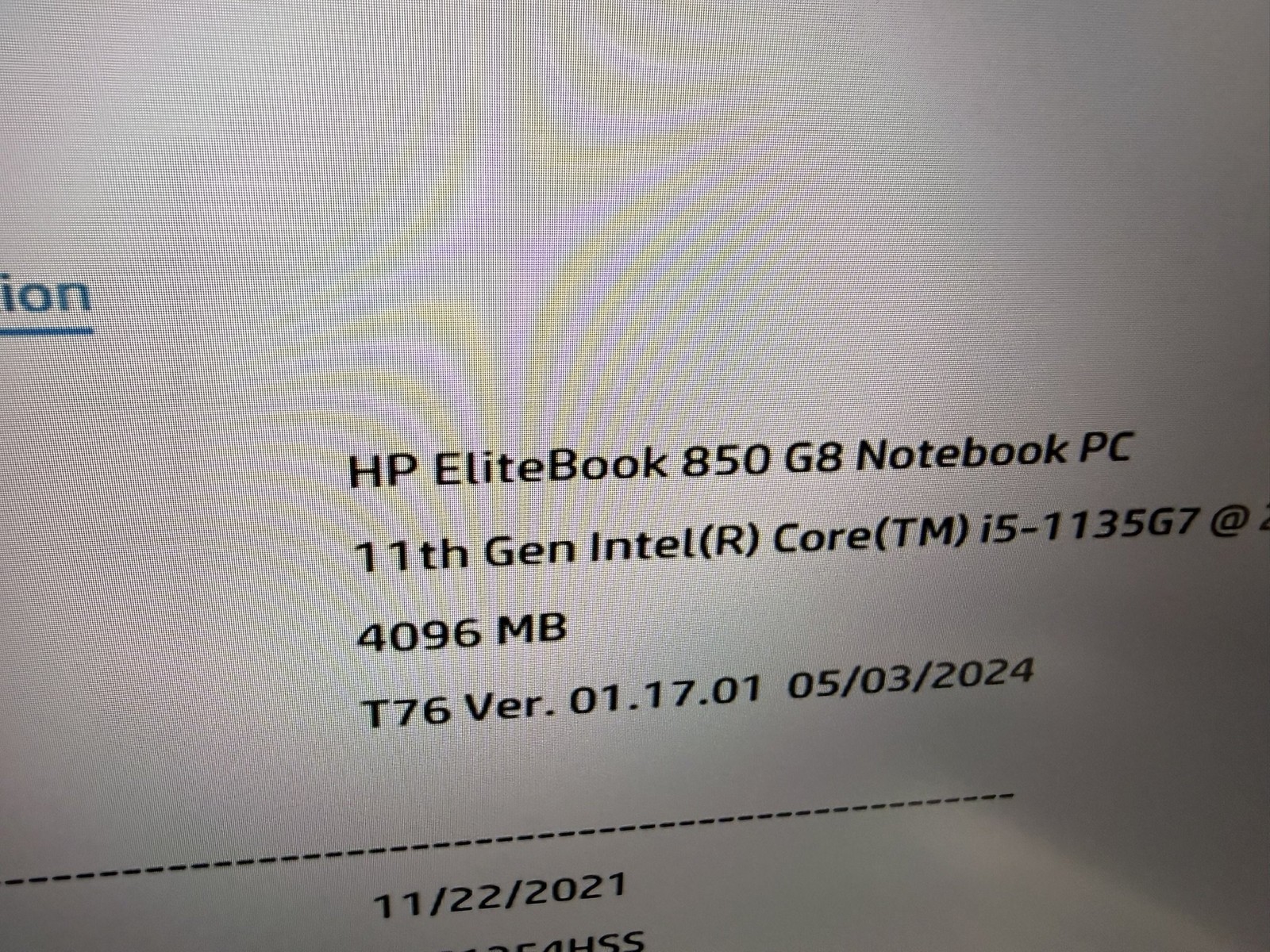 HP EliteBook 850 G8 i5-1135G7 2.4GHz 4GB DDR4 Laptop NO SSD NO BATTERY – READ