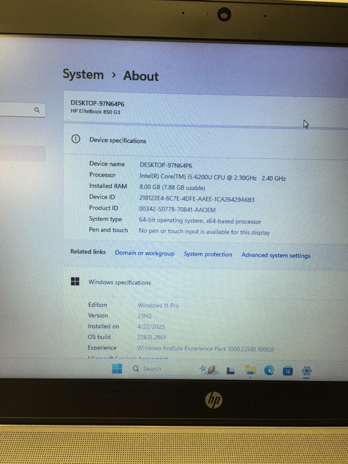 HP EliteBook 850 G3 15.6″ (256GB Core i5 6th gen 2.30GHz 8GB RAM WIN 11 PRO