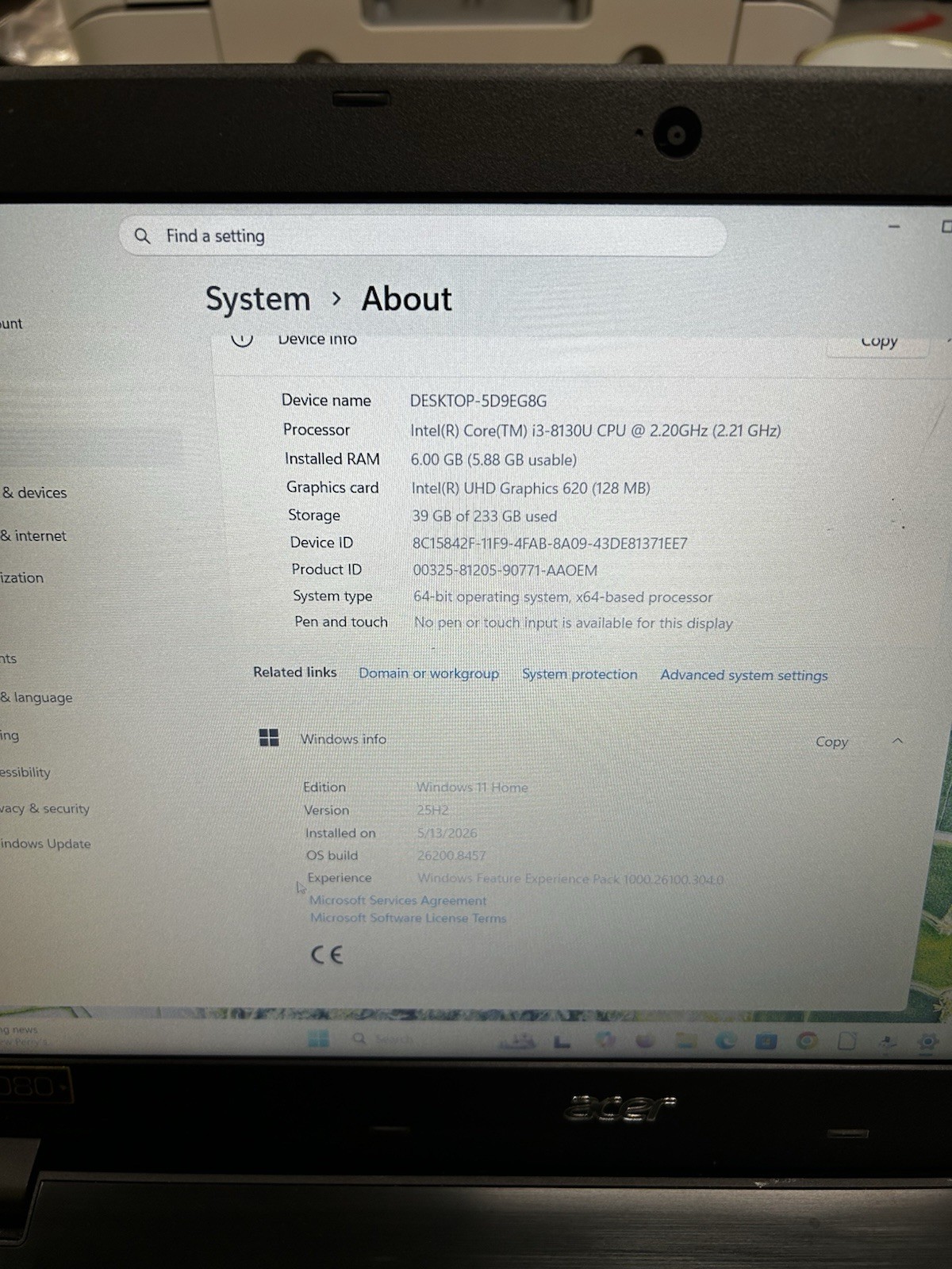 Laptop Acer Aspire E 15 15.6″ i3-8130U 6GB 250 gb hdd, Win11 home Black, TESTED