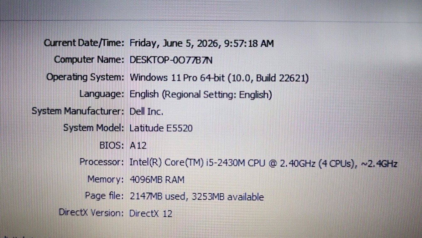 Dell Latitude E5520 i5-2430M 4xCPU@2.4GHz 4GB RAM 320GB HDD (626A7)