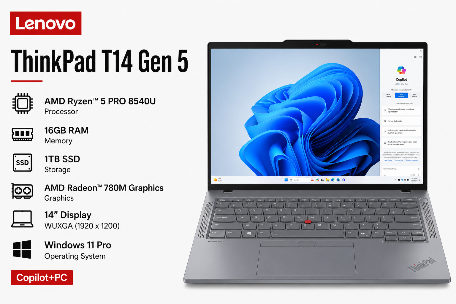 Lenovo ThinkPad T14 Gen 5 / 14” Copilot+PC / AMD Ryzen 5 PRO 8540U/16 GB / 1TB