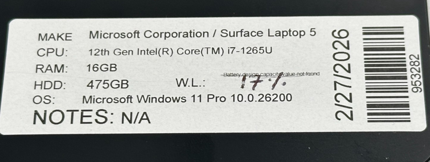 MICROSOFT SURFACE 5 LAPTOP CORE i7-1265u @ 1.30 GHZ 16GB RAM 475GB SSD (lp667)