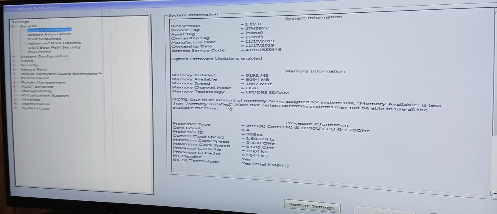 Dell Latitude 5290 2-in-1 i5-8350U 8GB RAM NO OS/SSD. BAD LCD! #97