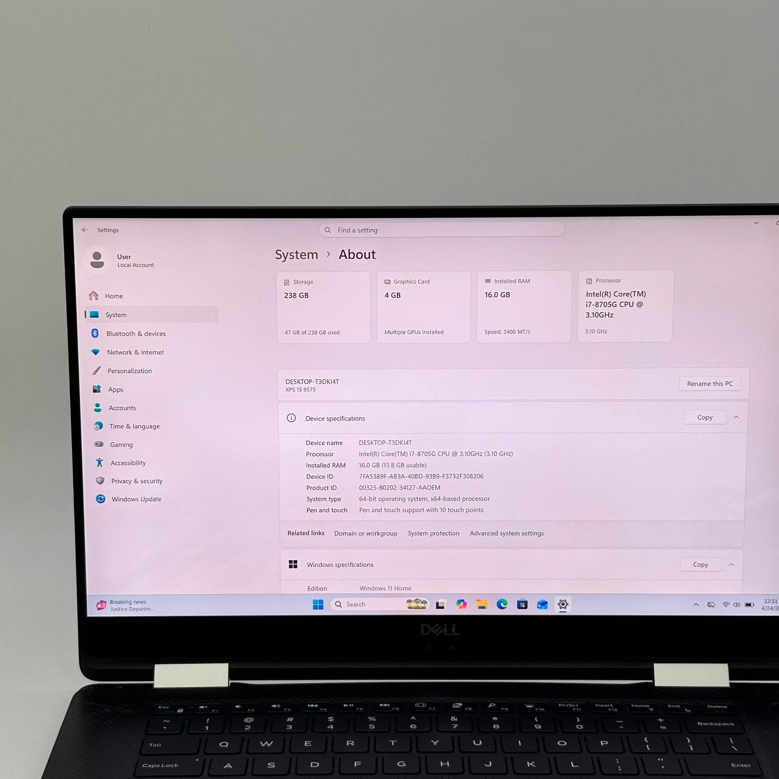 Dell XPS 15 9575 15.6″ Touch 2-in-1 Laptop – i7-8705G 3.10GHz 16GB RAM 256GB SSD
