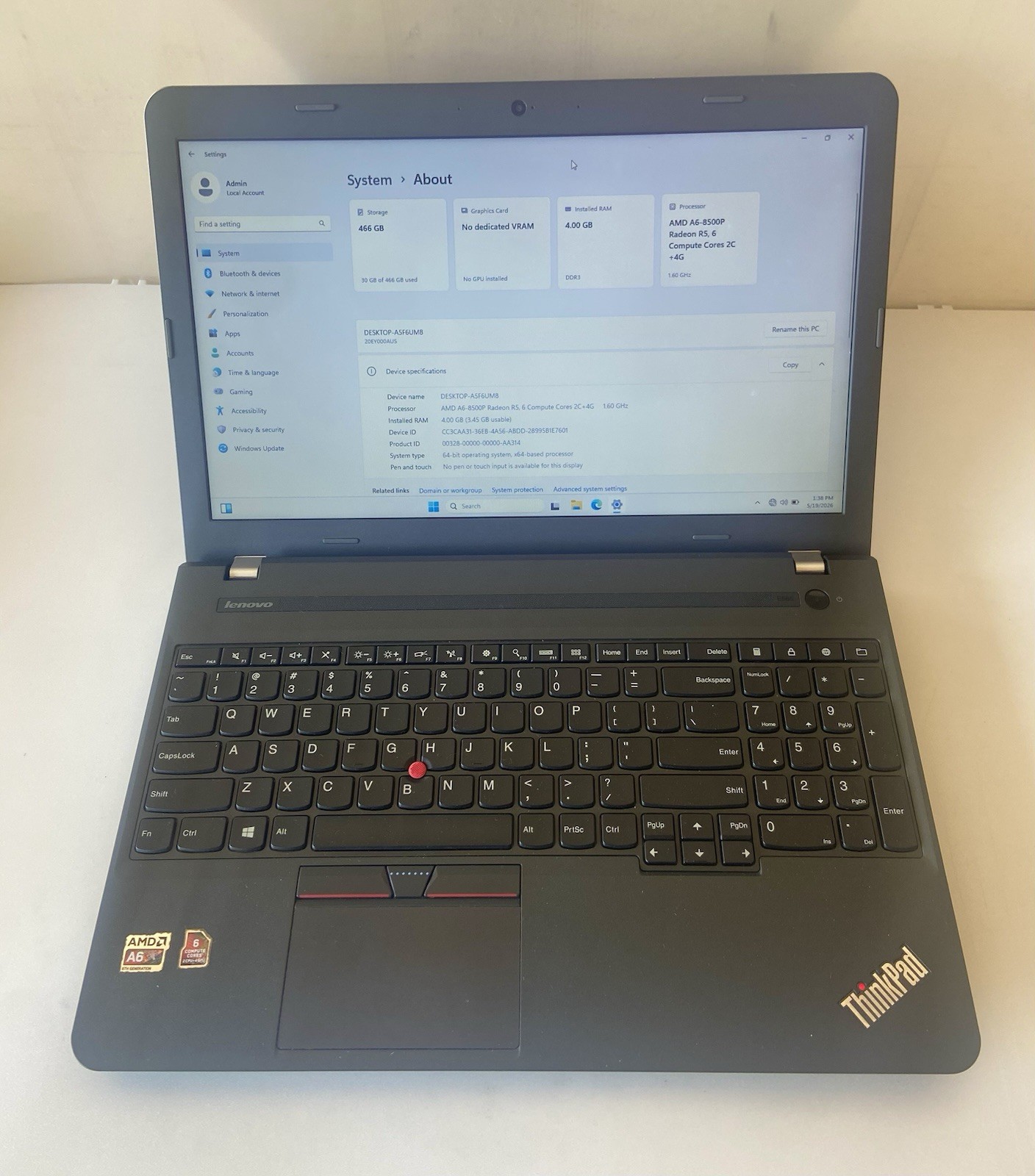 LENOVO ThinkPad E565 Laptop AMD A6-8500P RADEON R5 4GB RAM 500GB Hard Drive