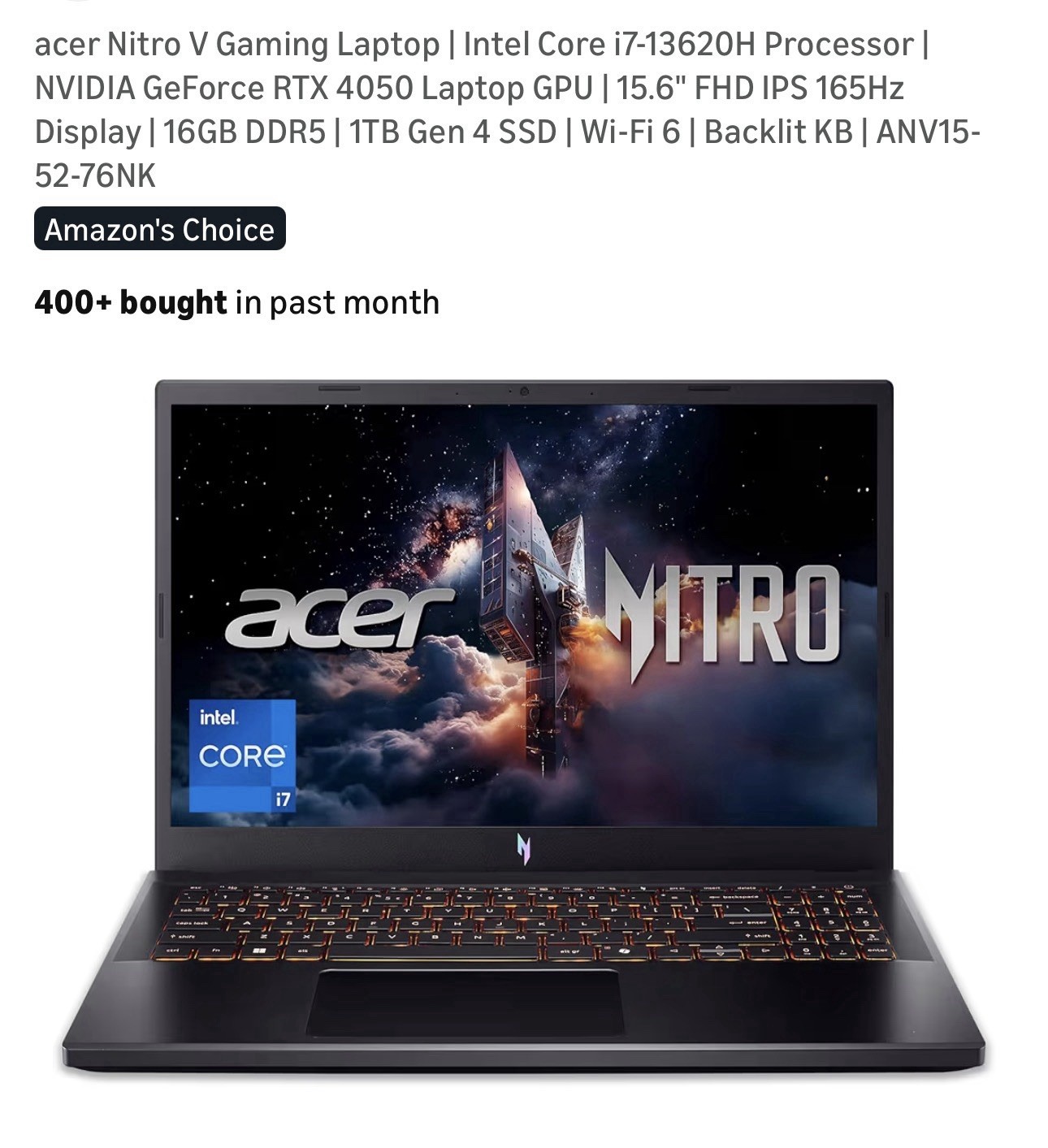 Acer Nitro V Gaming Laptop 15.6″ FHD 165Hz RTX 5050 Intel i5-13420H/16GB/512GB