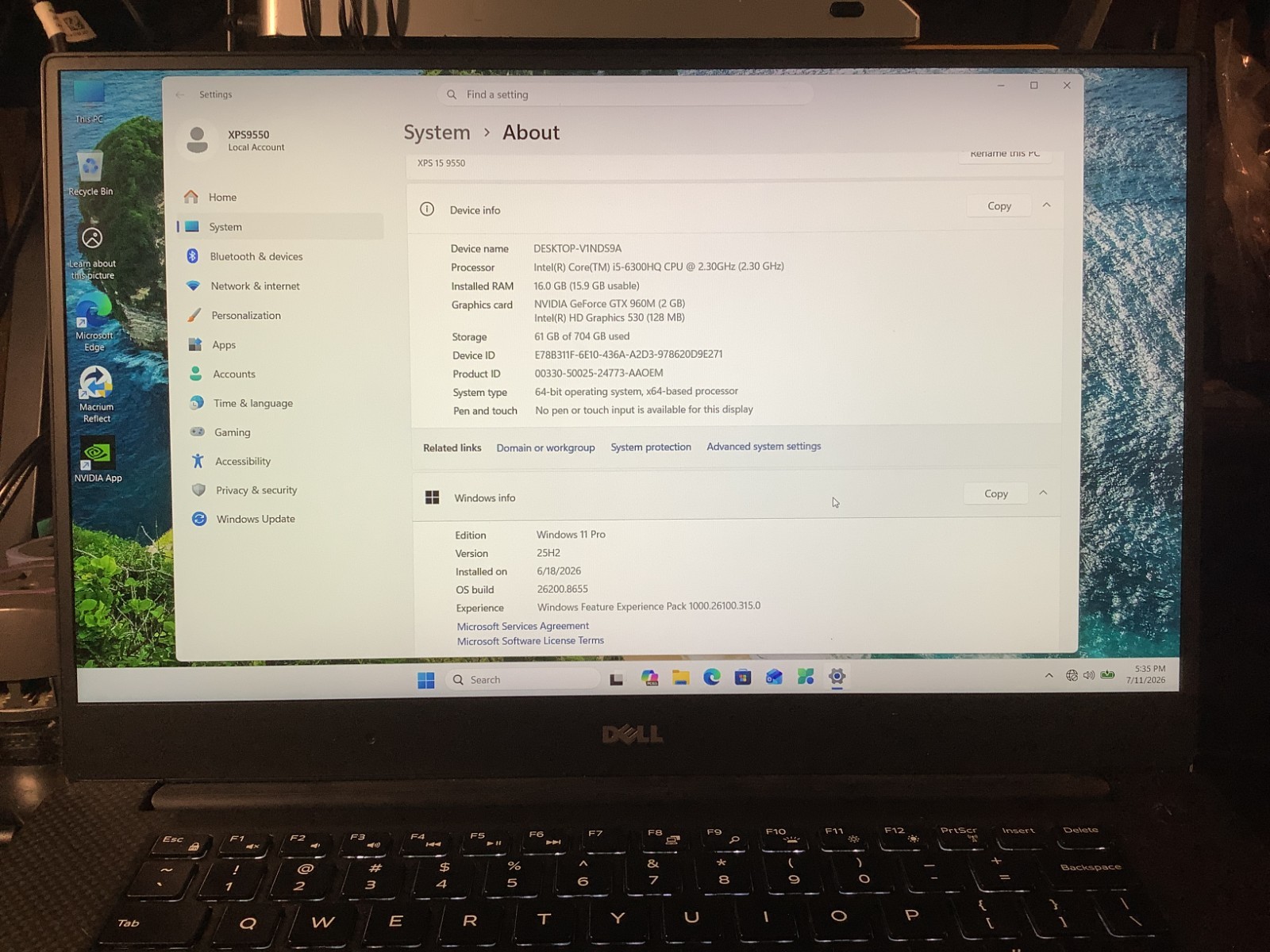 Dell XPS 9550, Gaming-GTX 960M, i5 6300HQ, 16 GB – 256 NVMe + 500 HDD Win 11 Pro