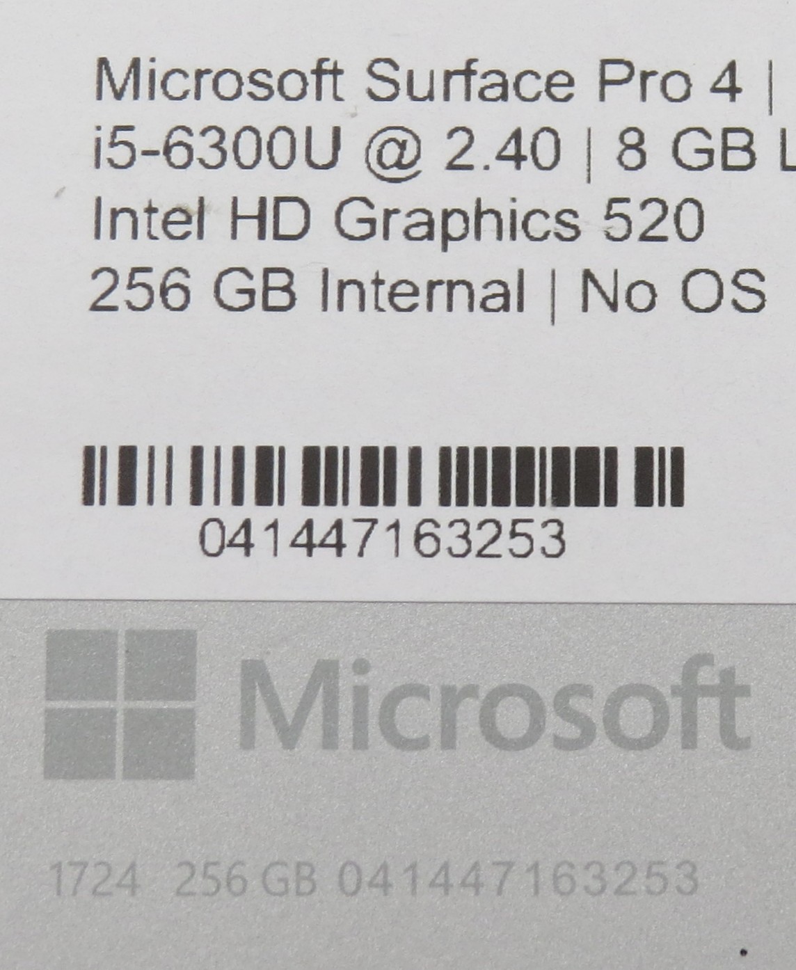 Microsoft Surface Pro 4 | i5-6300U@2.4GHz 8GB RAM 12″ 256GB HD No OS/AC