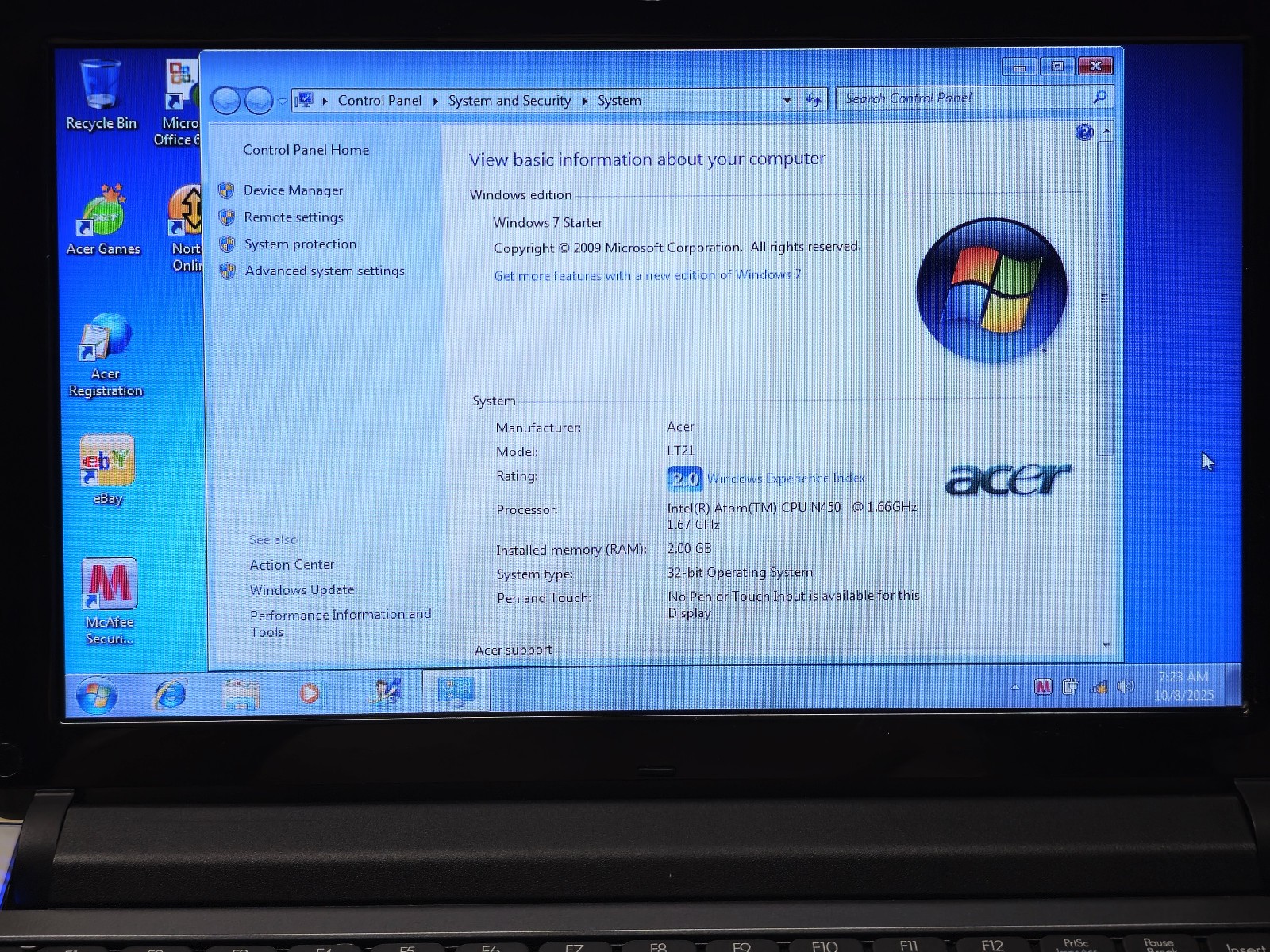 Gateway NAV50 10.1″ Netbook Atom N450 + 2GB + 250GB Windows 7 Starter TESTED