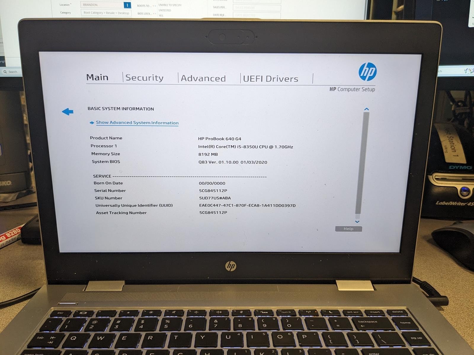 HP PROBOOK 640 G4 i5-8350U @ 1.70GHz, 8GB RAM, NO HDD/OS