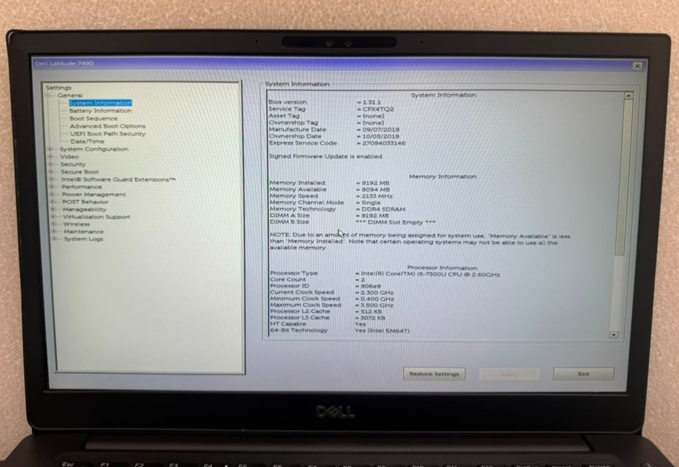 Dell Latitude7490 Laptop 14 Inch Intel i5 8GB 128GB SSD Poor Battery/Bad Clicker