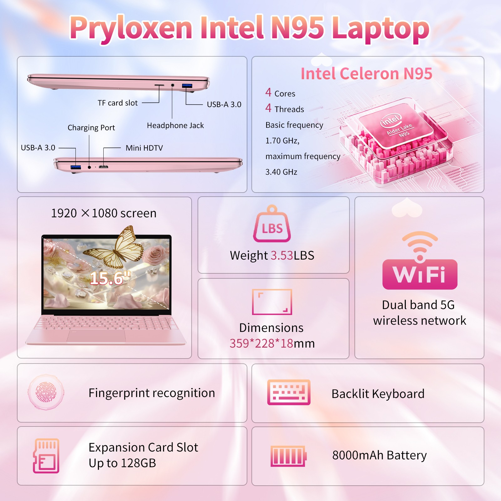 Pink Laptop 15.6″ FHD 4-Core N95 16GB DDR4 1TB SSD 8000mAh Portable Notebook New