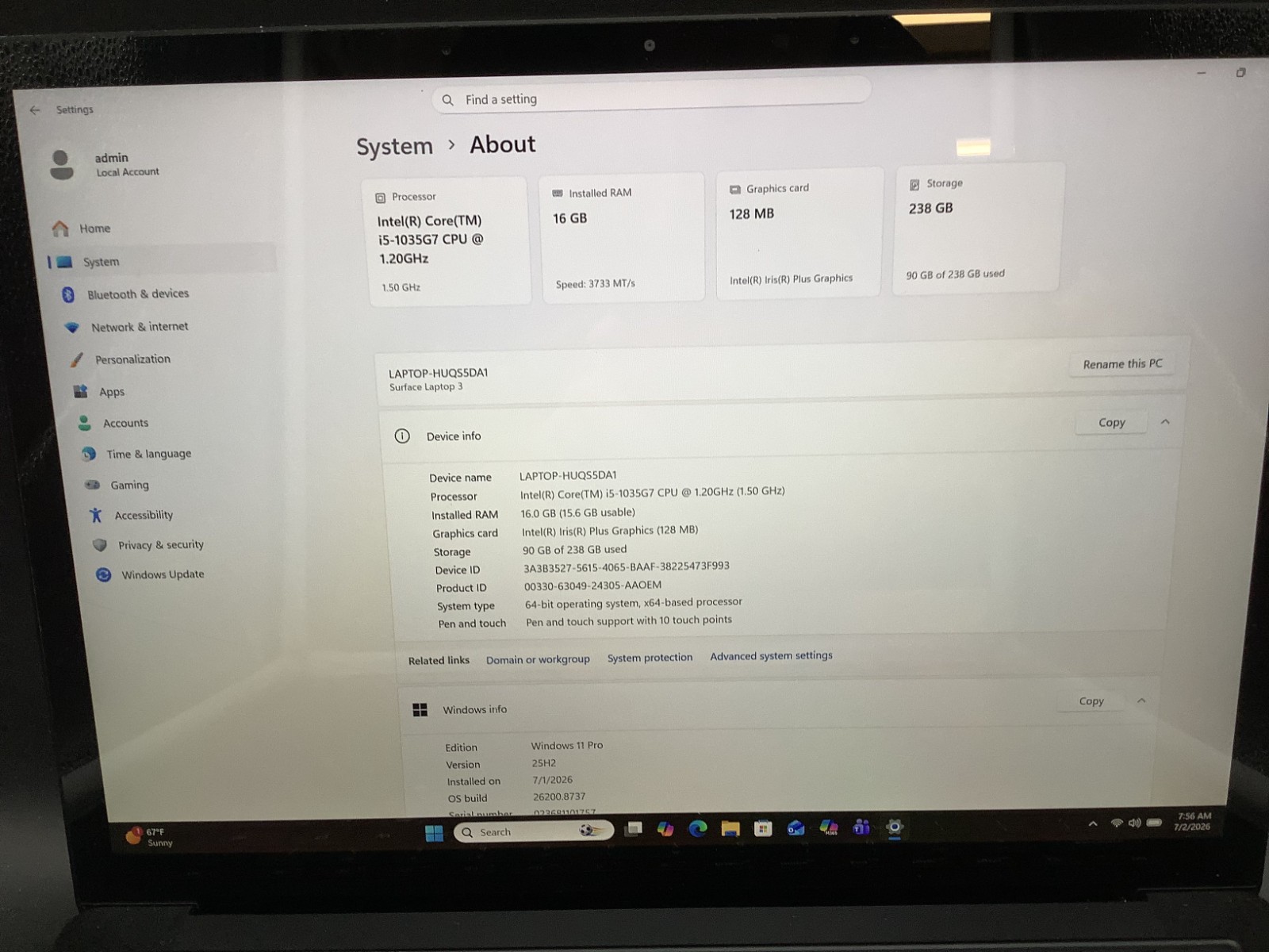 Microsoft Surface Laptop 3 13.5″ i5-1035G7 1.3GHz 16GB RAM 256GB SSD Read Desc 7