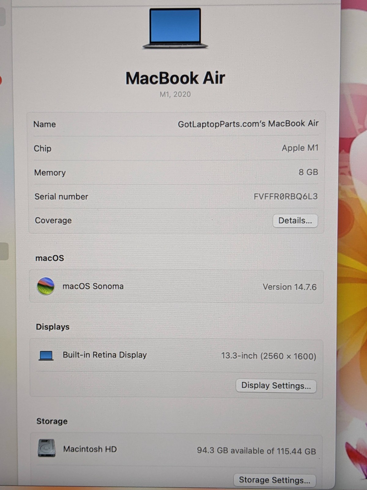 Apple MacBook Air A2337 (2020) M1 8CPU/7GPU 8GB 128GB 13.3″ OS Sonoma MGN63LL/A