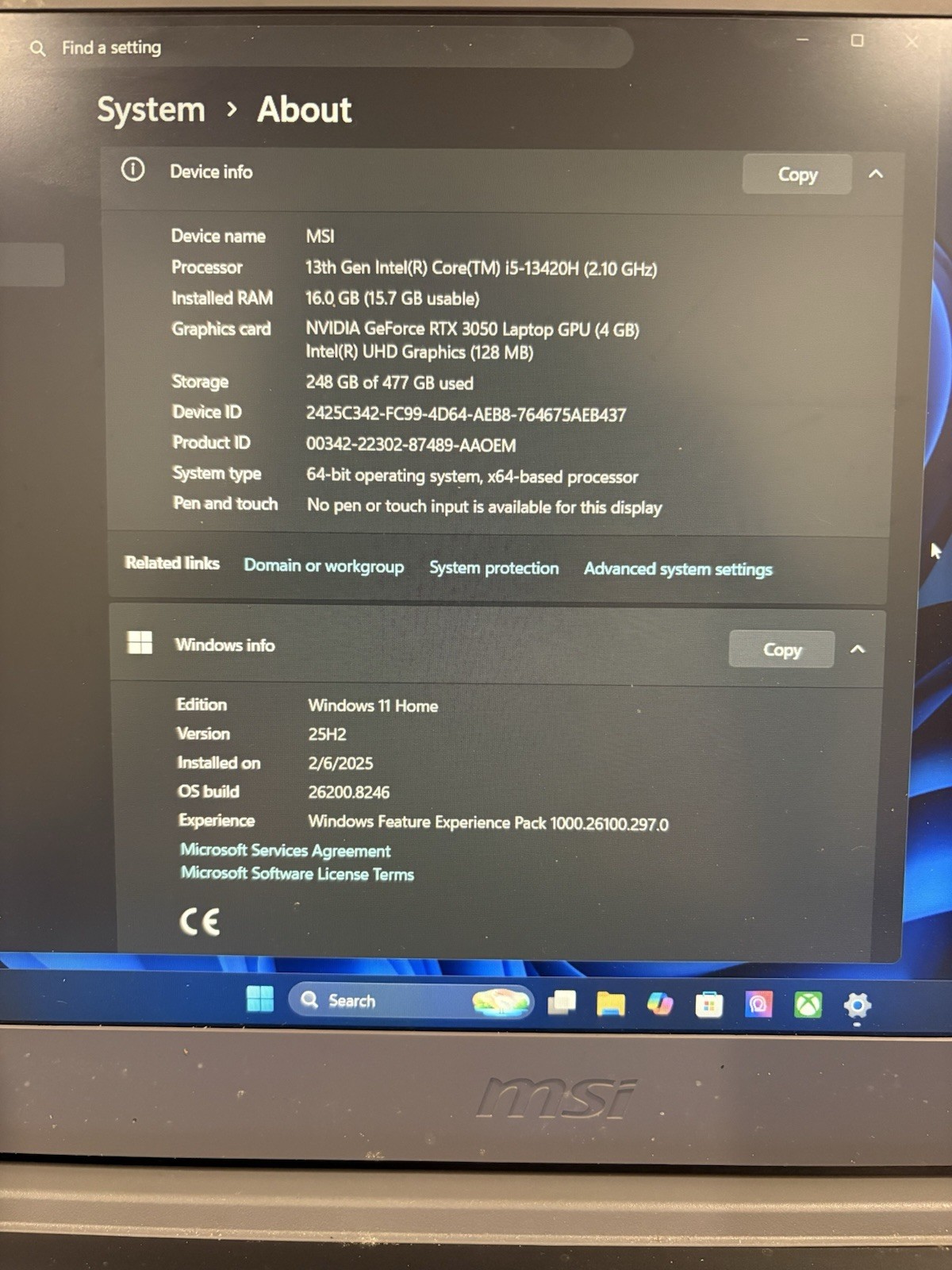 MSI Gaming Laptop Intel Core I5, 16GB RAM, NVIDIA GeForce RTX 3050